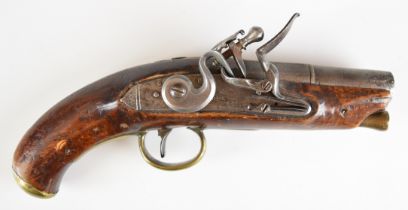 Barnett flintlock coat pistol with named lock, brass trigger guard and butt plate, brass tipped