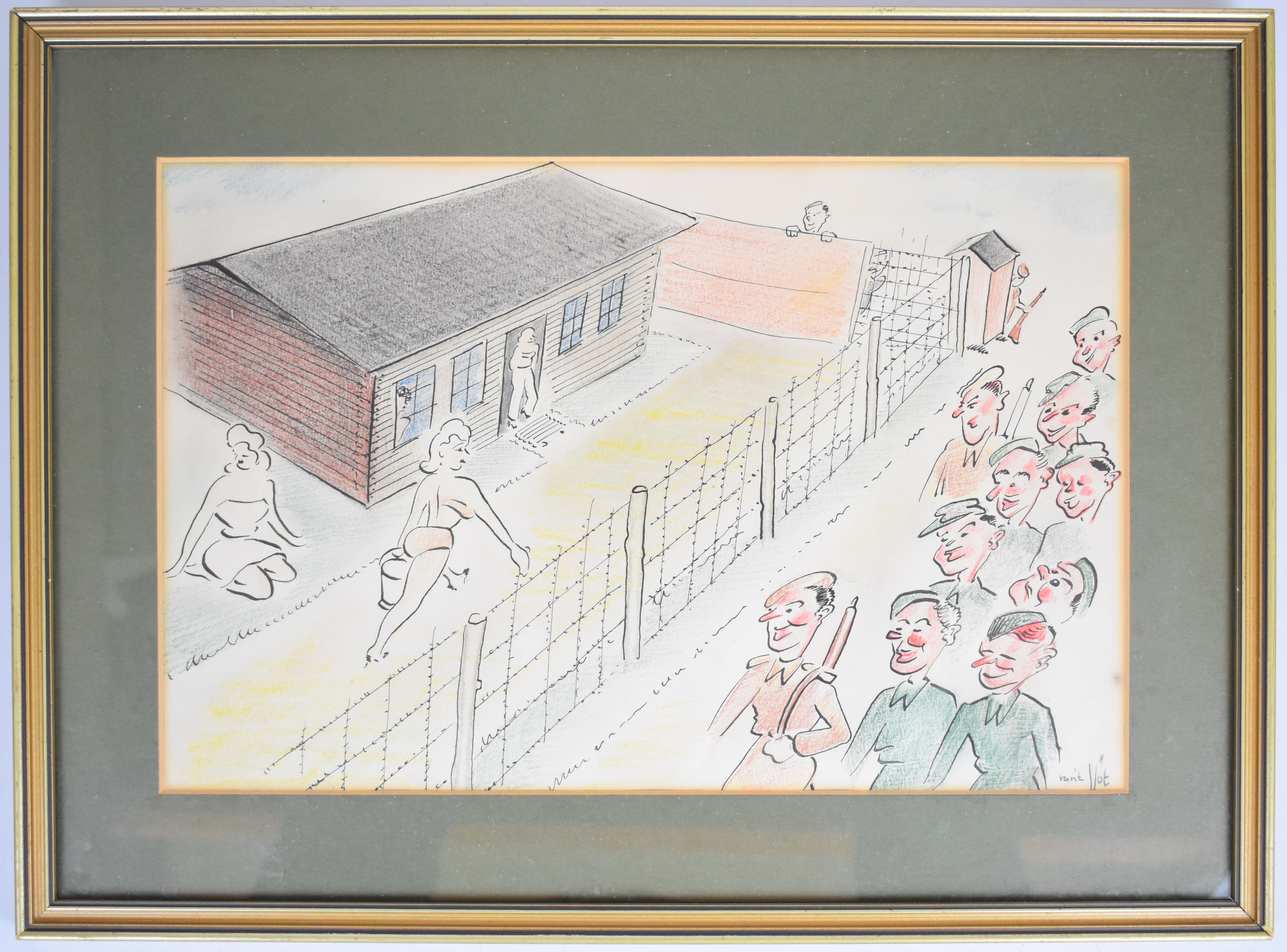 WW2 prisoner of war camp interest pen ink and coloured pencil or similar cartoon depicting a group - Image 2 of 8