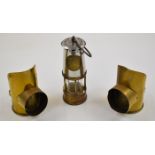Two WW1 trench art miniature coal scuttles made from brass shell cases and an Eccles miner's lamp