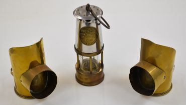 Two WW1 trench art miniature coal scuttles made from brass shell cases and an Eccles miner's lamp