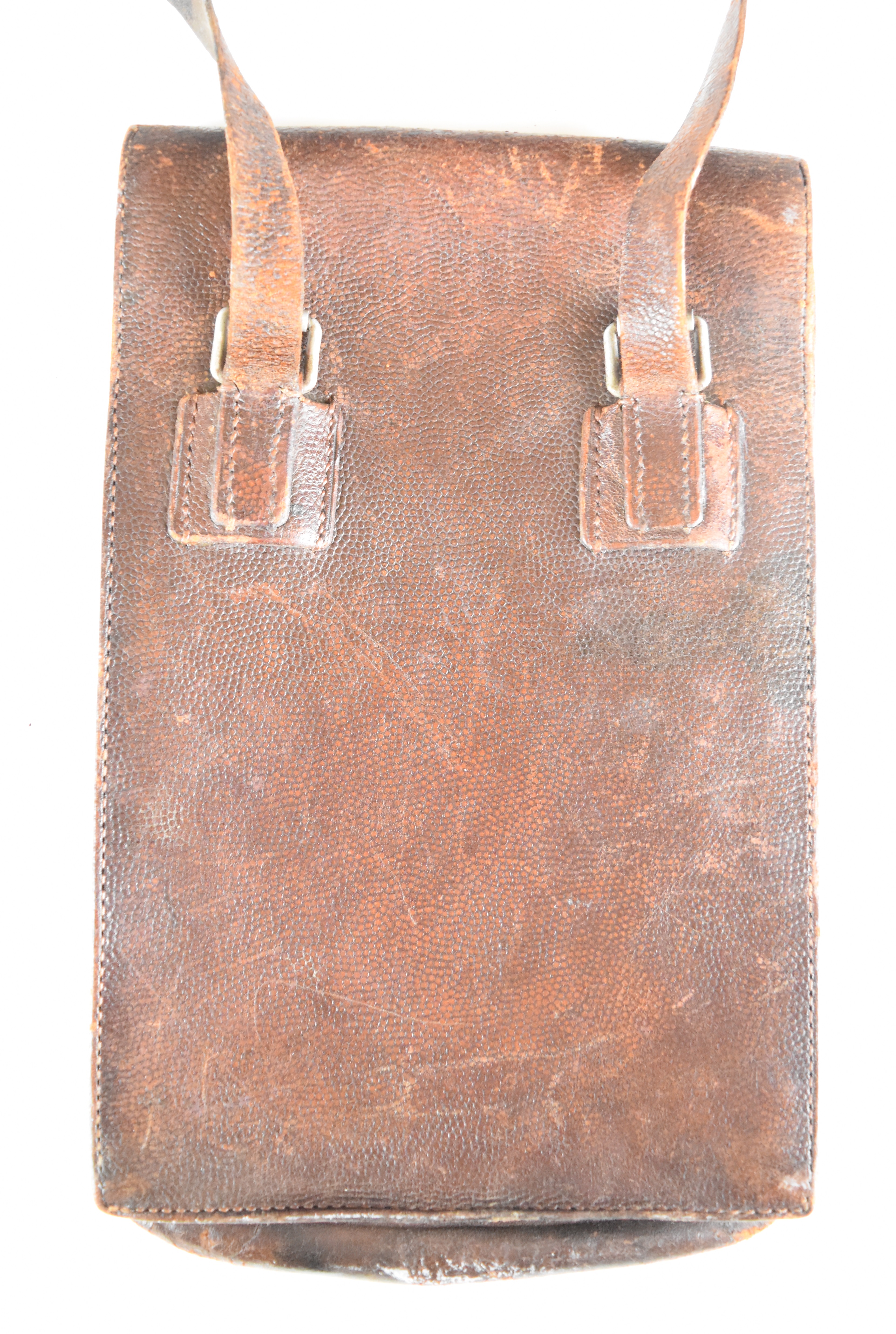 German WW2 brown leather map case with two section inner, leather securing straps and alloy buckles - Image 4 of 4