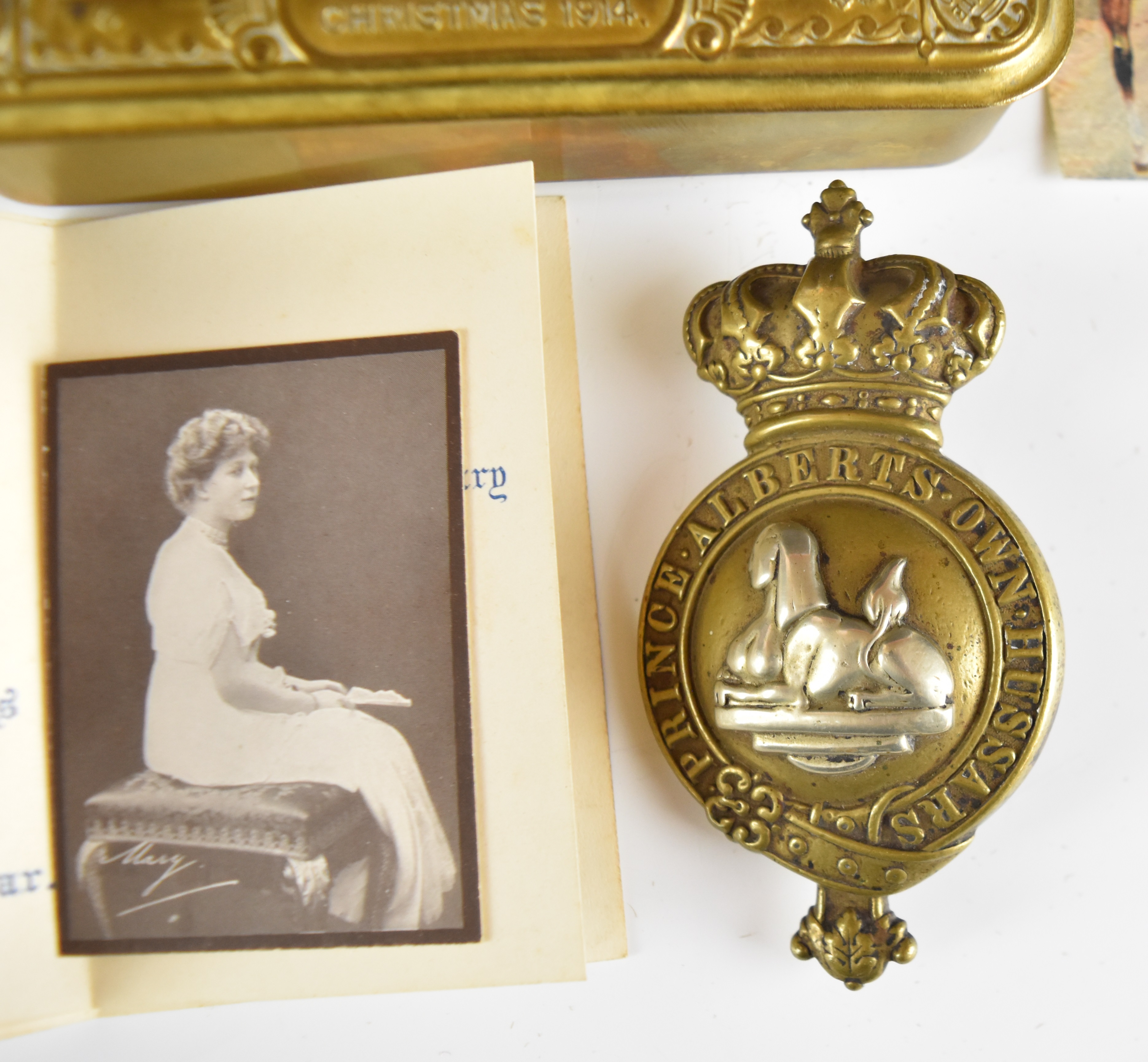 WW1 Princess Mary Christmas tin with Christmas card, photographs and martindale (11th Hussars) - Image 2 of 4