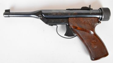 Hy-Score .22 target air pistol with engraved frame, named, shaped and chequered Bakelite grips and