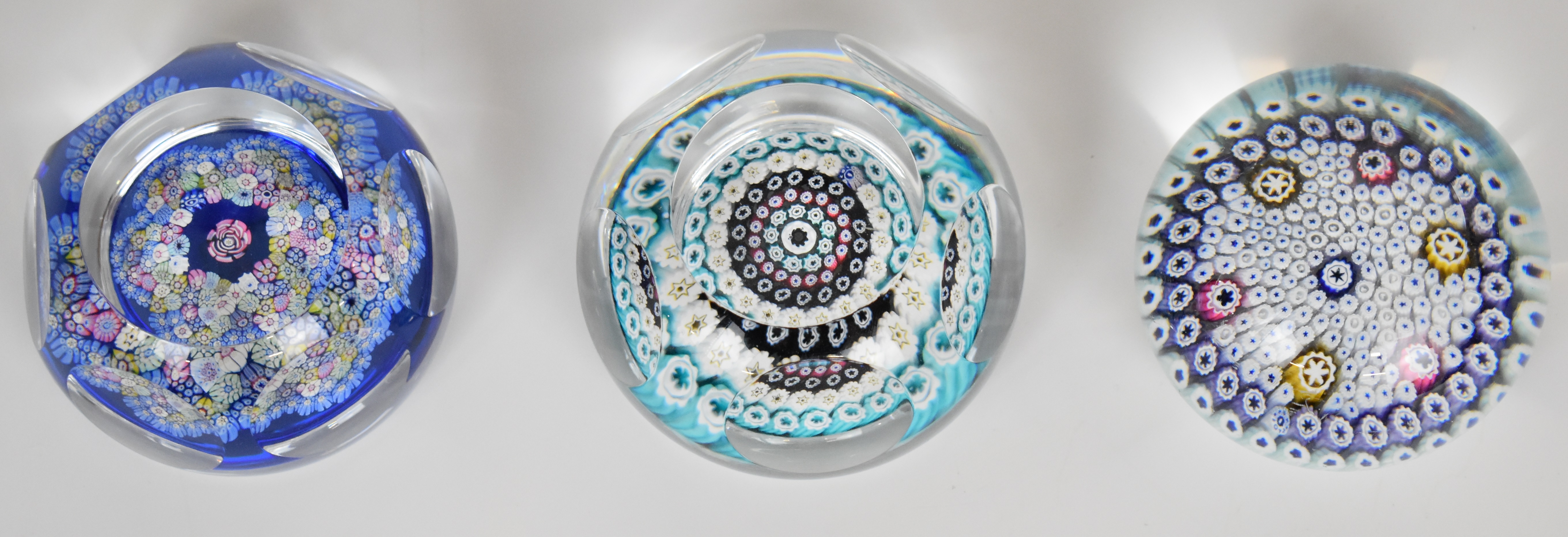 Three Whitefriars or similar millefiori glass paperweights, two with faceted decoration, largest - Image 5 of 6