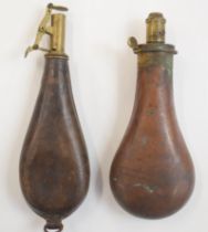 Two powder and shot flasks including a James Dixon & Sons copper and brass example, largest 23cm