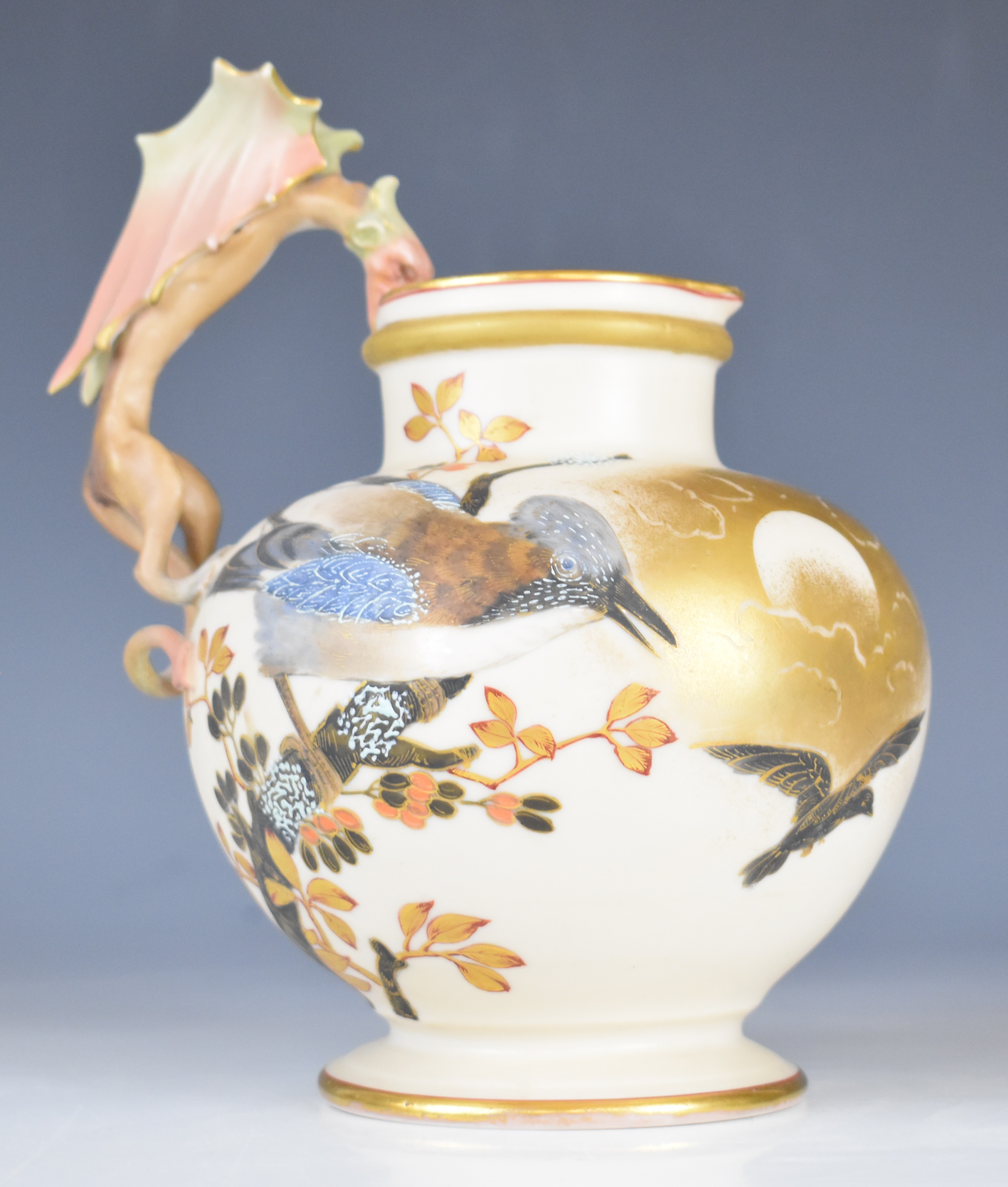 Royal Worcester style pedestal jug with jay decoration and dragon handle, height 18.5cm - Image 7 of 12