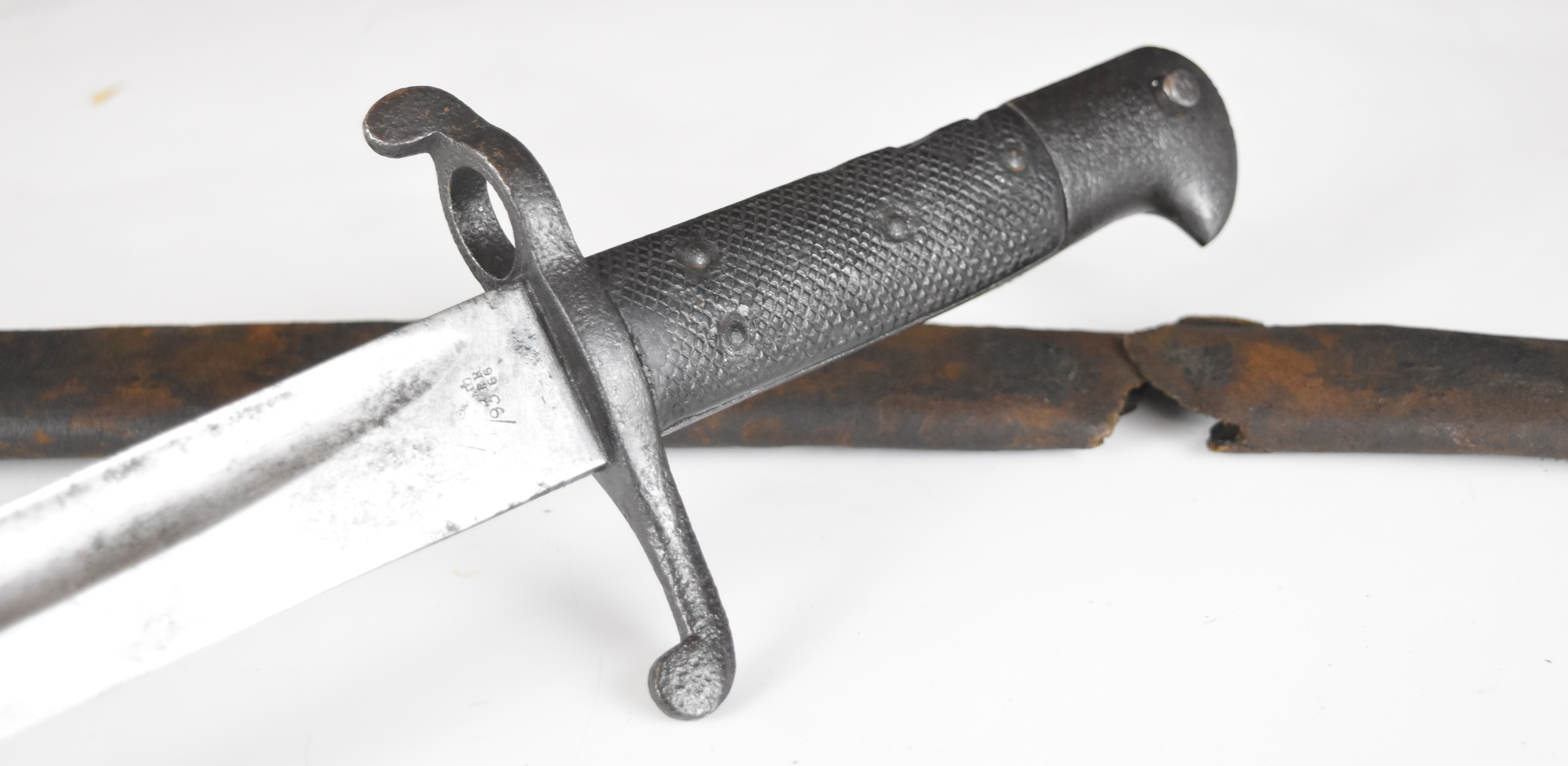 British 1856 pattern Enfield sword bayonet with some clear stamps to ricasso and a 58cm Yataghan - Image 6 of 12