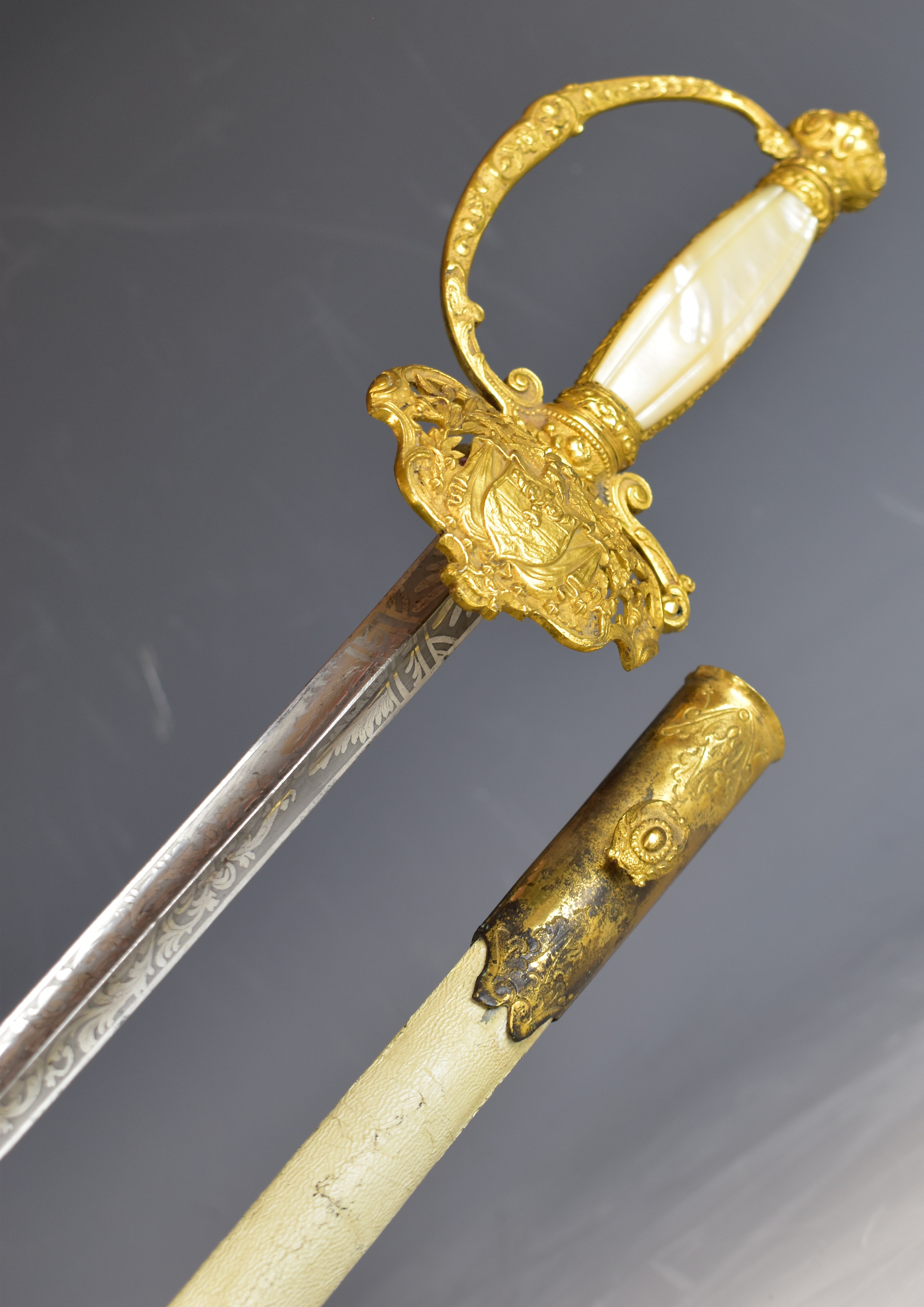 French made court sword retailed by Maria 14 Rue de Septembre Paris with gilt decorated hilt and