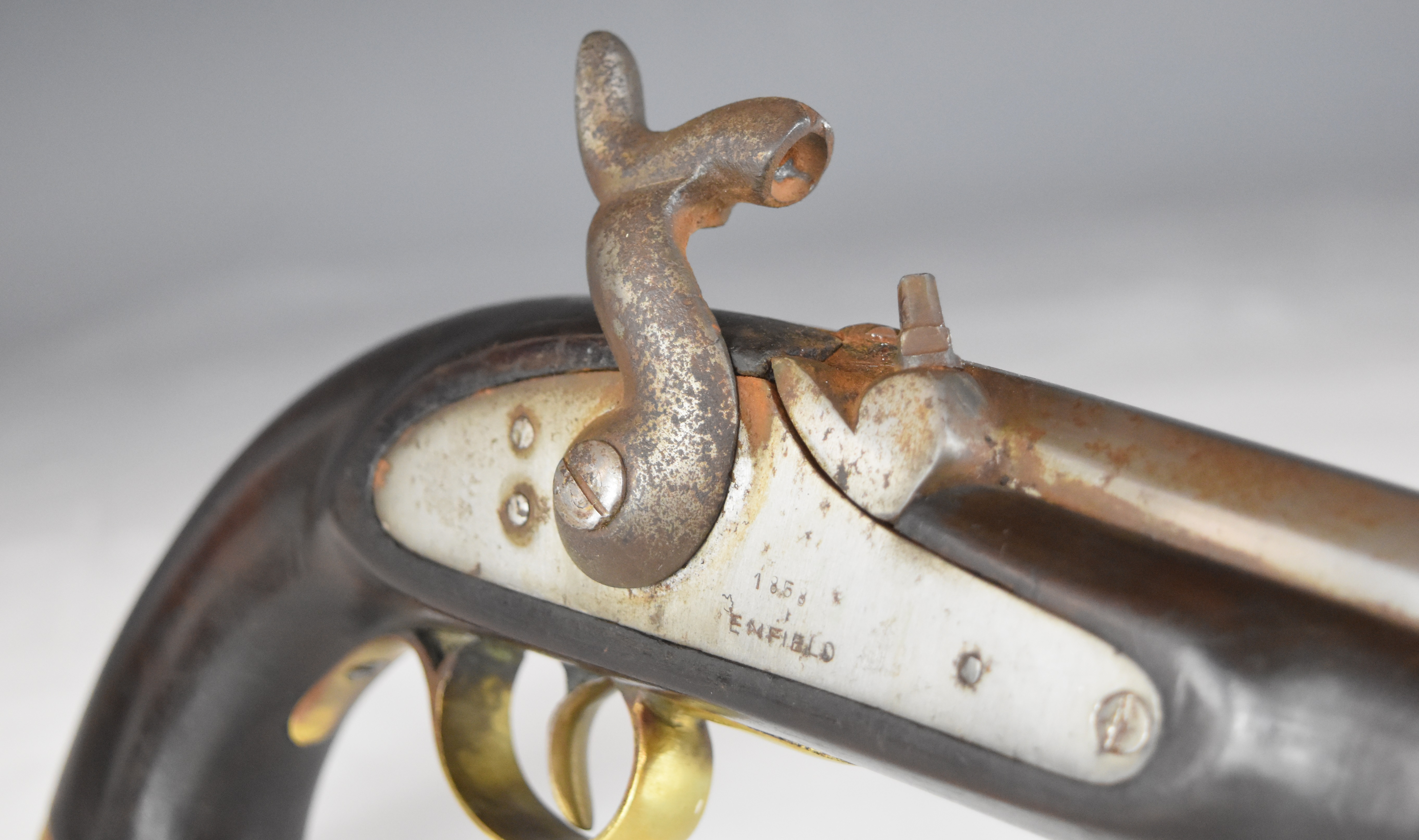 Enfield percussion hammer action sea-service pistol with lock stamped '1858 Enfield' brass trigger - Image 9 of 12