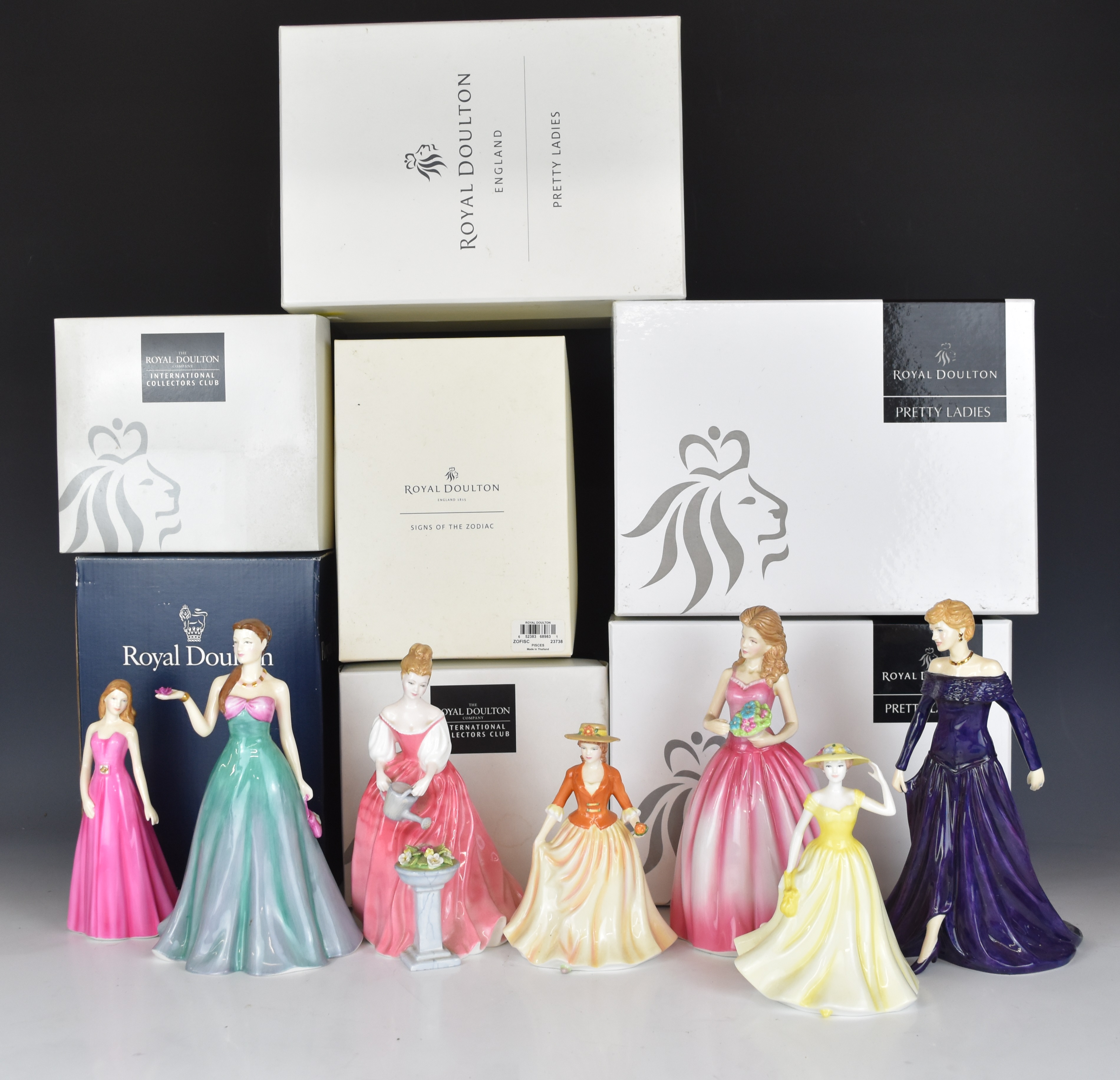 Seven Royal Doulton figurines including Diana Princess of Wales, Sandra, Jessica, Pieces and
