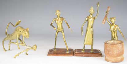 Four Benin brass figures, tallest 26cm