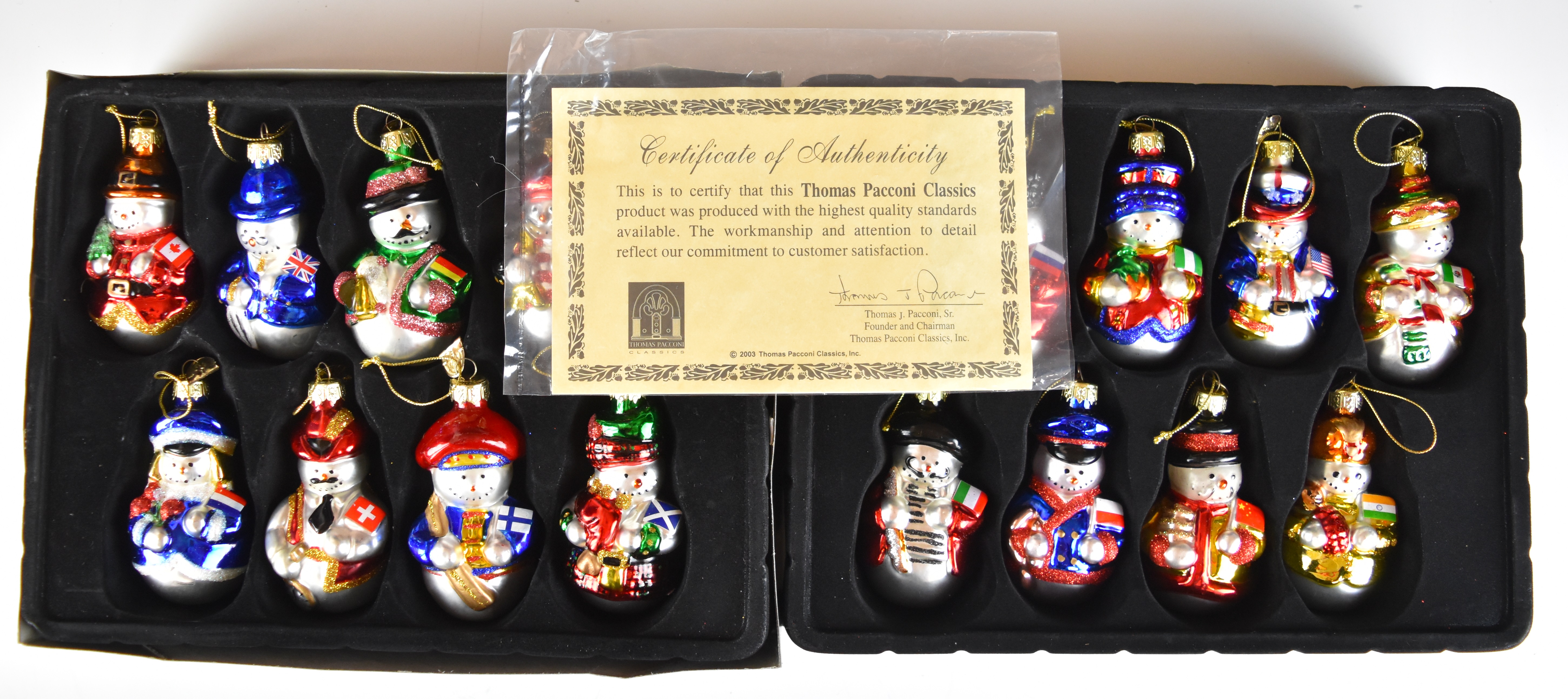 Thomas Pacconi Classics set of 18 glass Snowman Christmas tree baubles, in original wooden case with