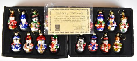Thomas Pacconi Classics set of 18 glass Snowman Christmas tree baubles, in original wooden case with