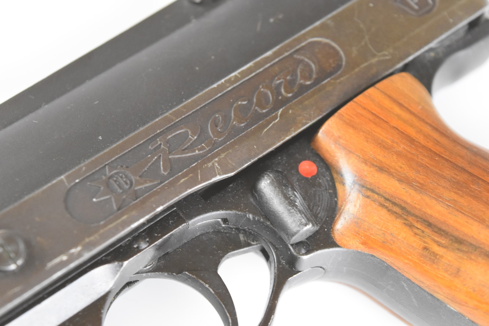 FB Record Jumbo .177 air pistol with shaped wooden grips and adjustable sights, serial number 10792. - Image 9 of 12