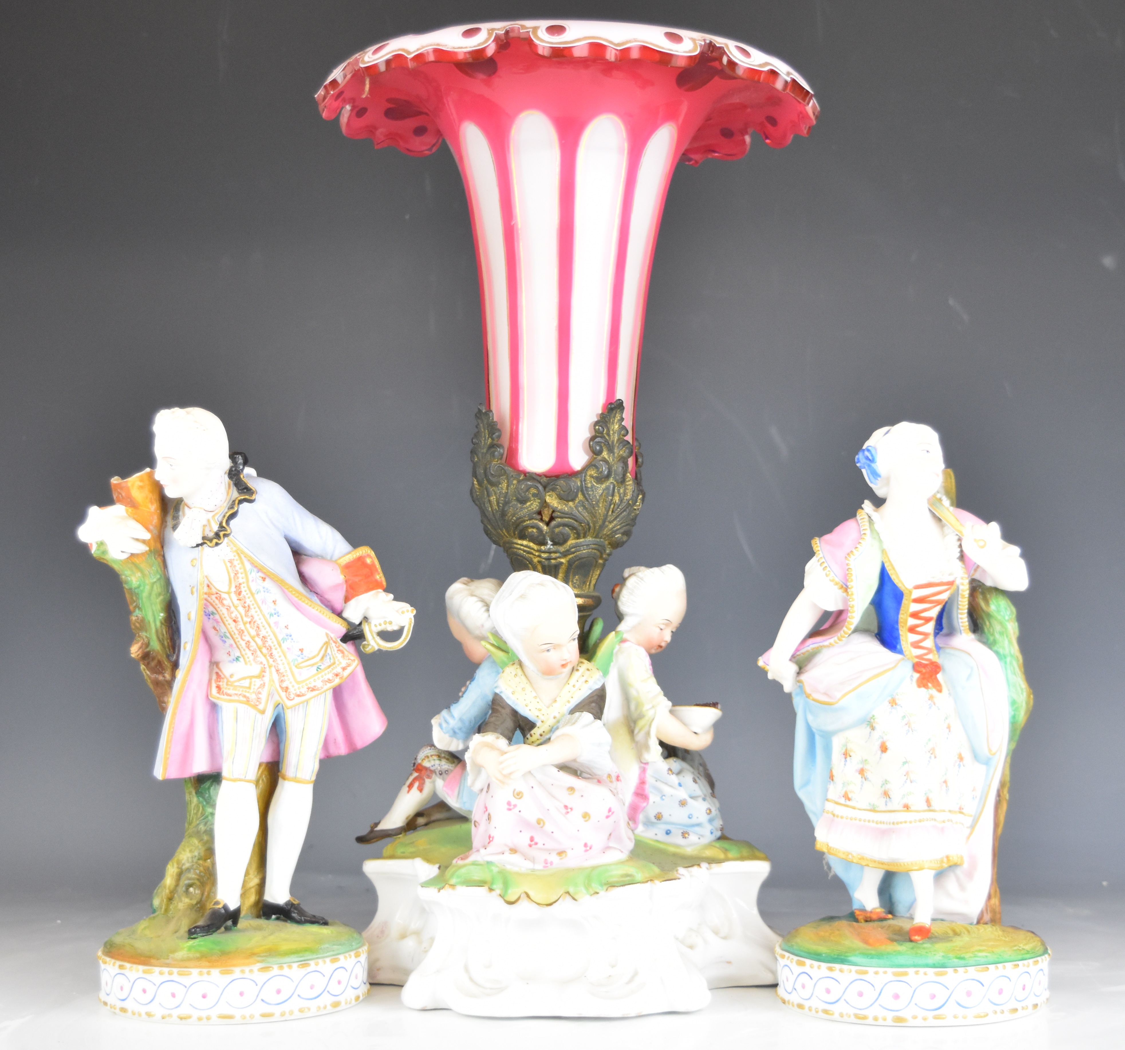 19thC German figural porcelain centrepiece with overlaid, cut and gilded flared glass insert, - Image 11 of 20