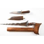 Malaysian Kris dagger with wooden grip, wavy edged 32cm blade and scabbard, together with a modern