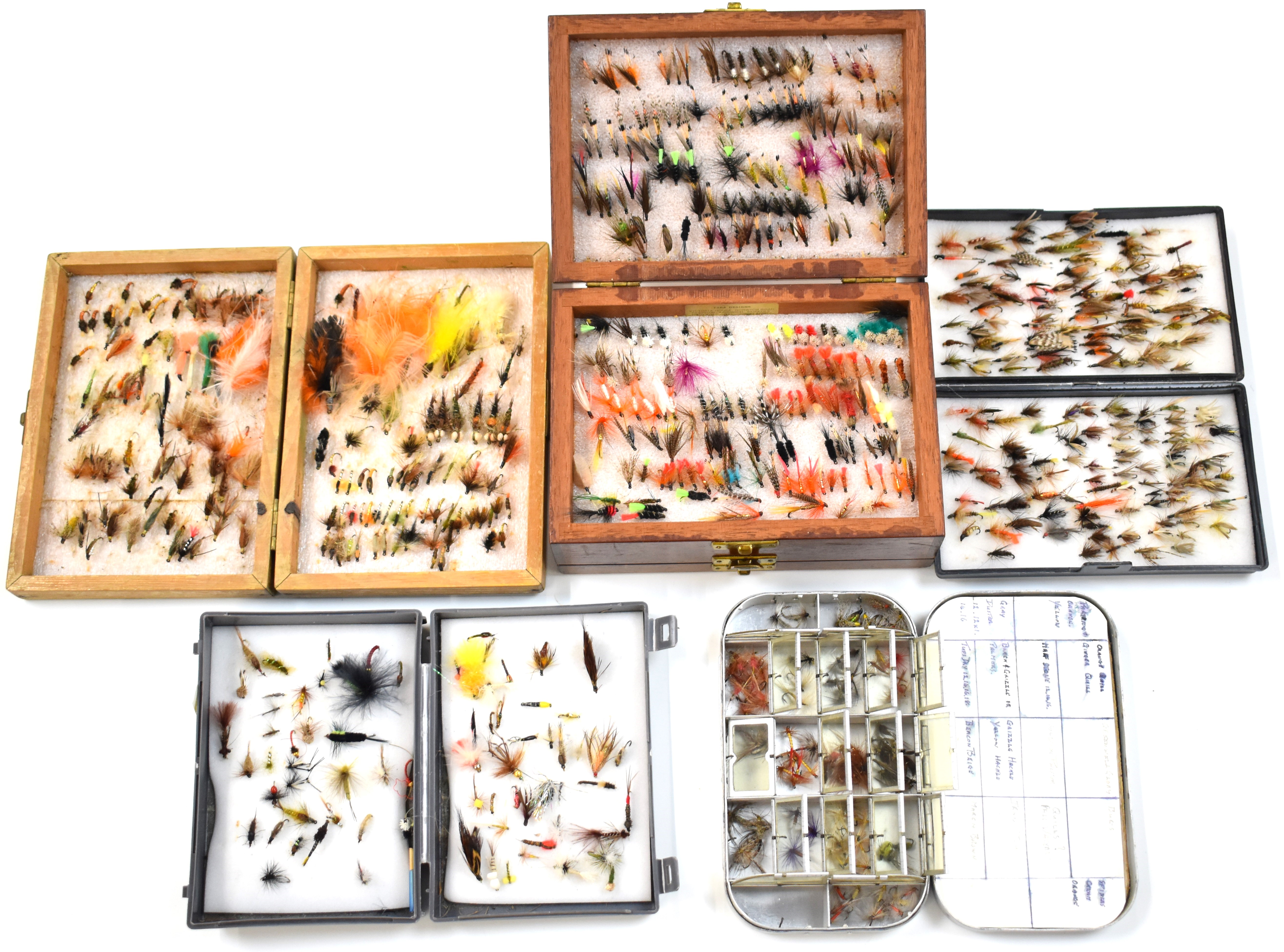 Five fly fishing cases / boxes including a Wheatley, most trout / sea trout including wet, dry,