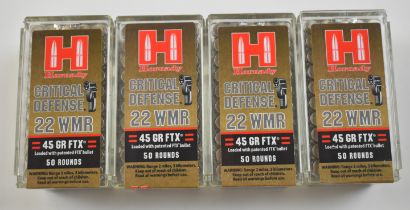 Two-hundred .22 WMR Hornady Critical Defense rifle cartridges, all in original boxes. PLEASE NOTE