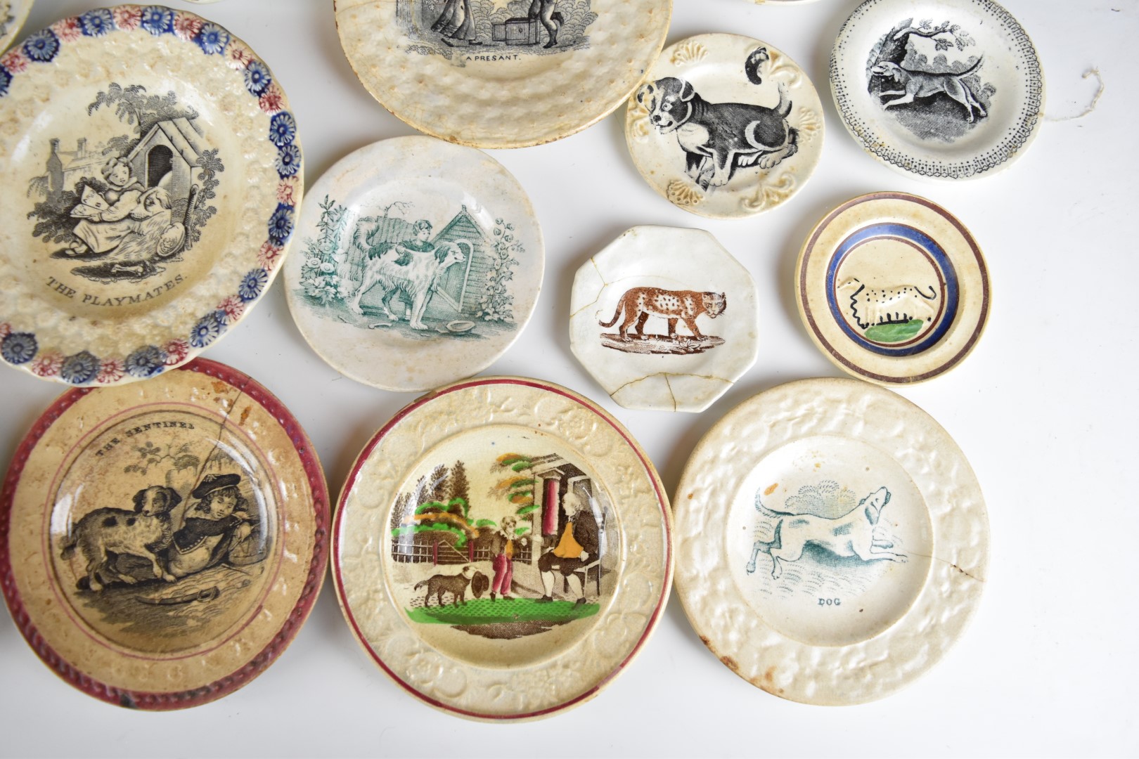 19thC nursery ware plates, mostly featuring dogs / children including The Pet, A Presant, Juvenile - Image 2 of 7