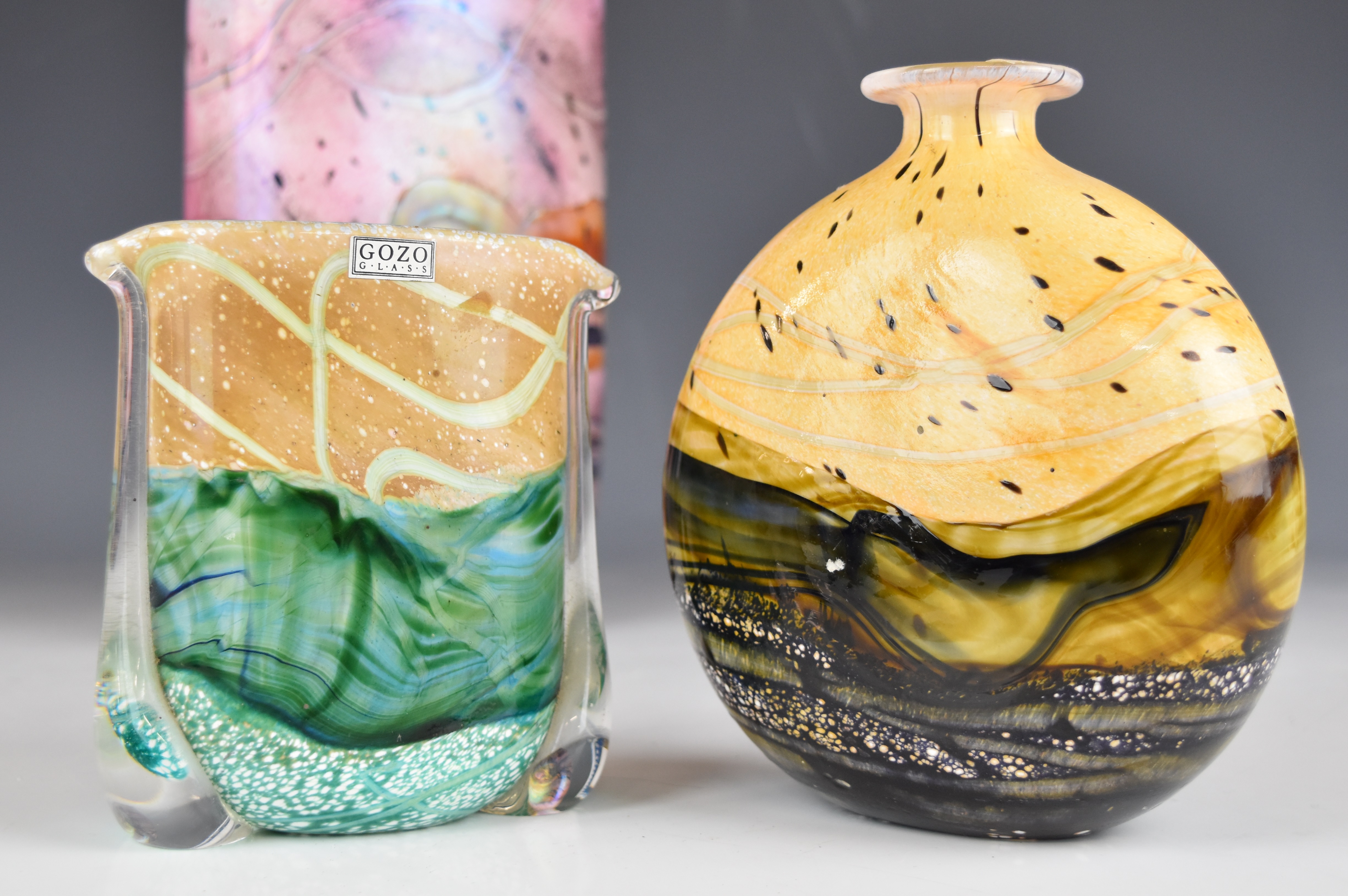 Five pieces of Gozo glass comprising four vases and a scent bottle, some with iridescent - Image 3 of 7