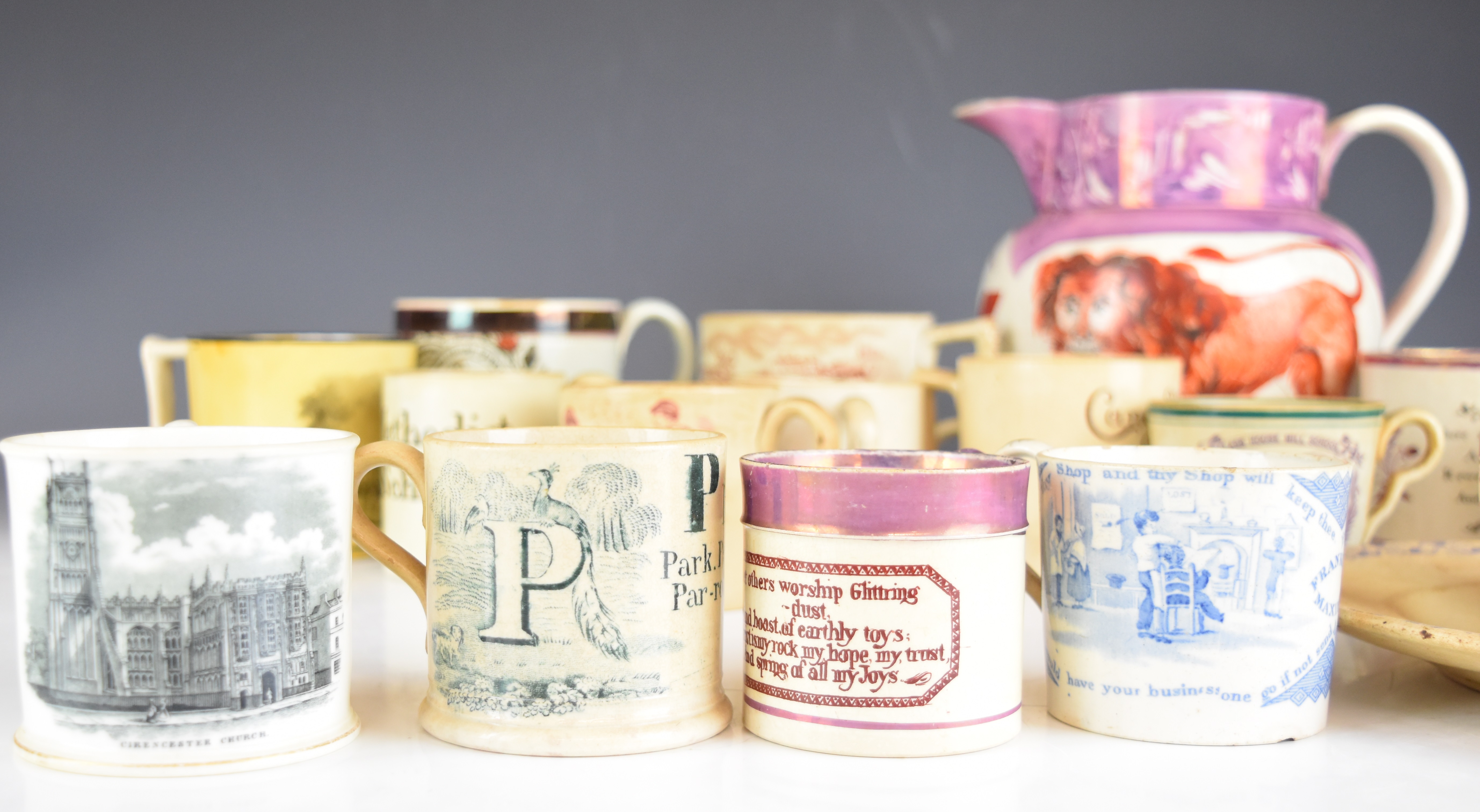 Collection of 19thC transfer printed cups, mugs and tankards, many featuring dogs, nursery ware, - Image 9 of 14