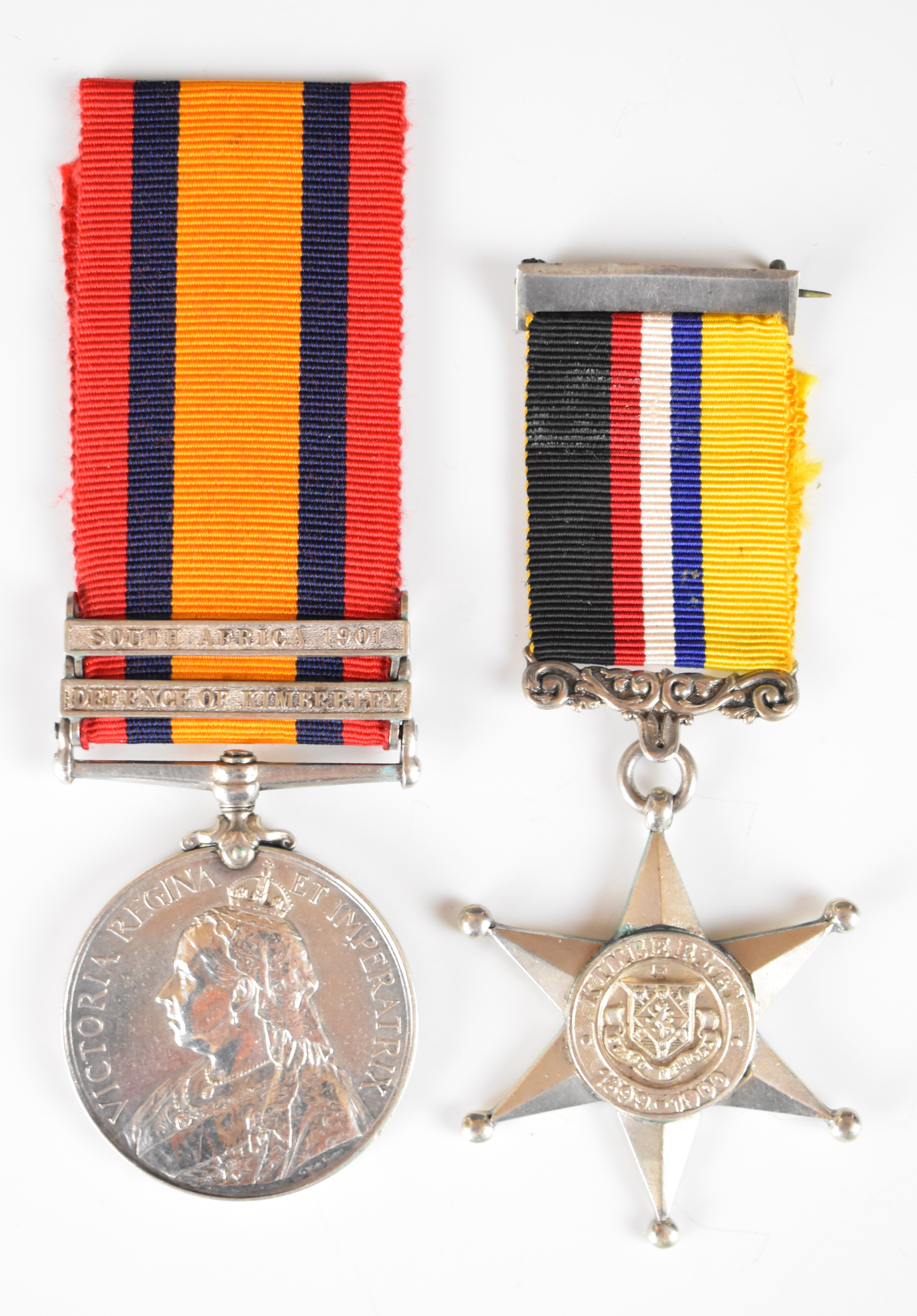Queen's South Africa Medal with clasps for Defence of Kimberley and South Africa 1901 named to 828