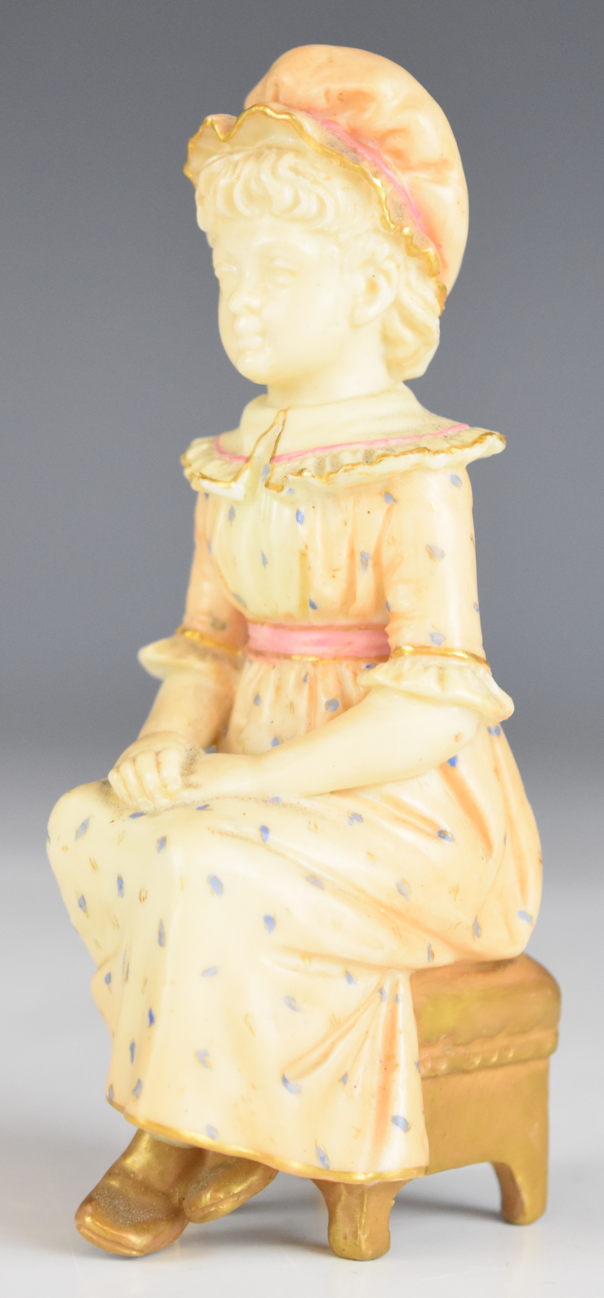 Royal Worcester Kate Greenaway style seated figurine, with puce backstamp, height 10.5cm - Image 5 of 8