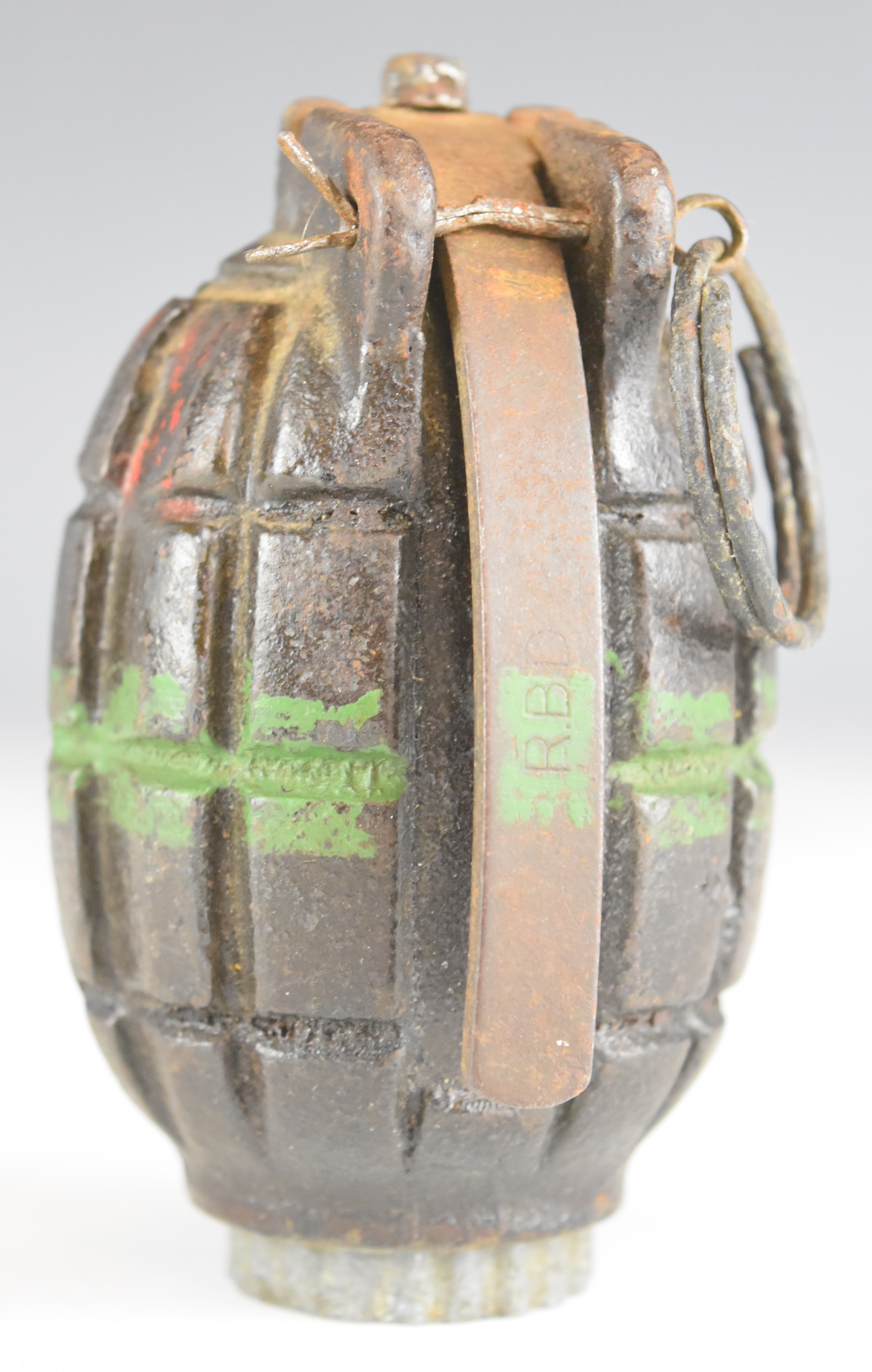 British WW2 inert Mills bomb / grenade stamped No 6 MZ MK I and SRD to alloy screw in base - Image 10 of 10