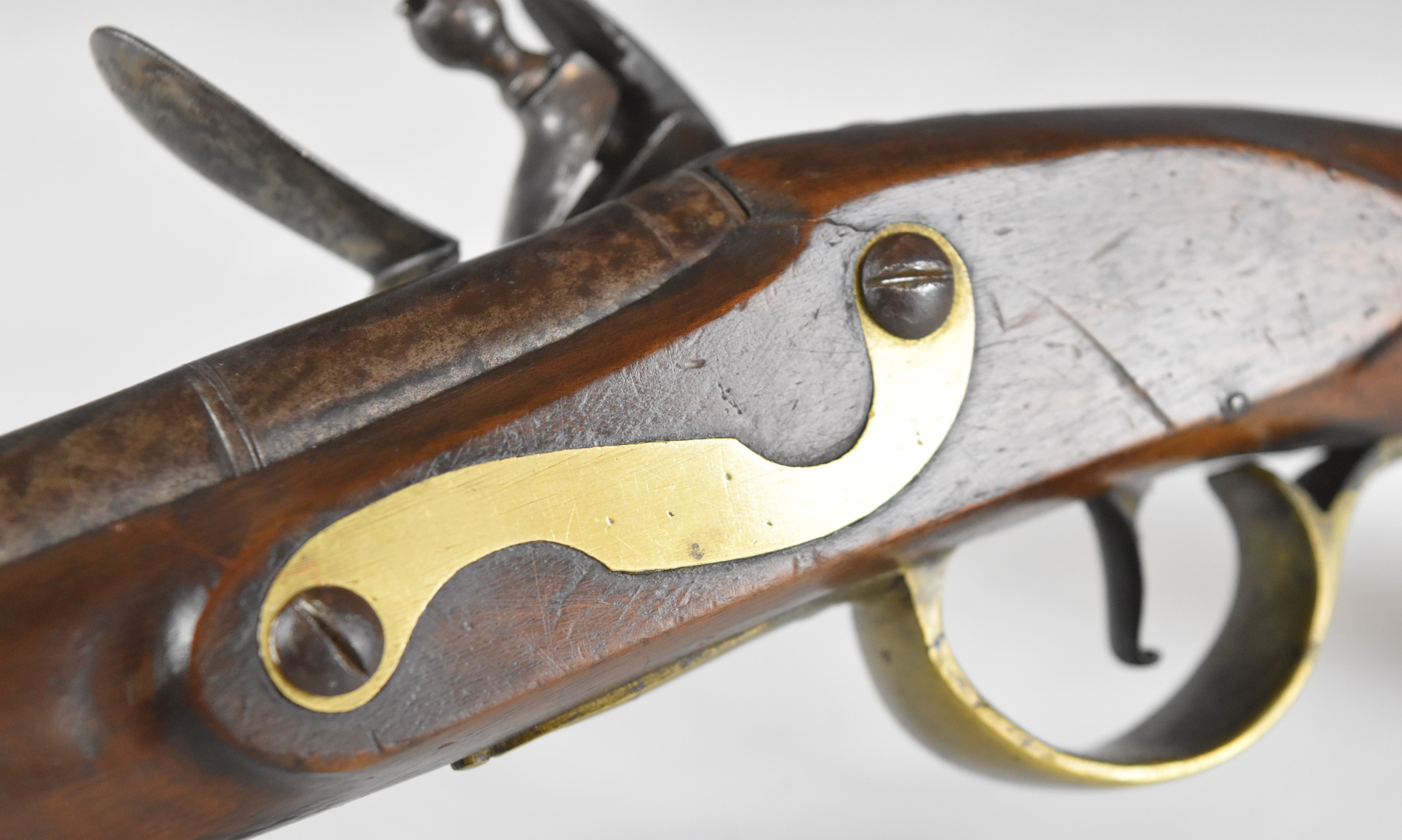 Unnamed flintlock holster pistol with brass trigger guard and mounts, wooden ram-rod and 6 inch - Image 7 of 9