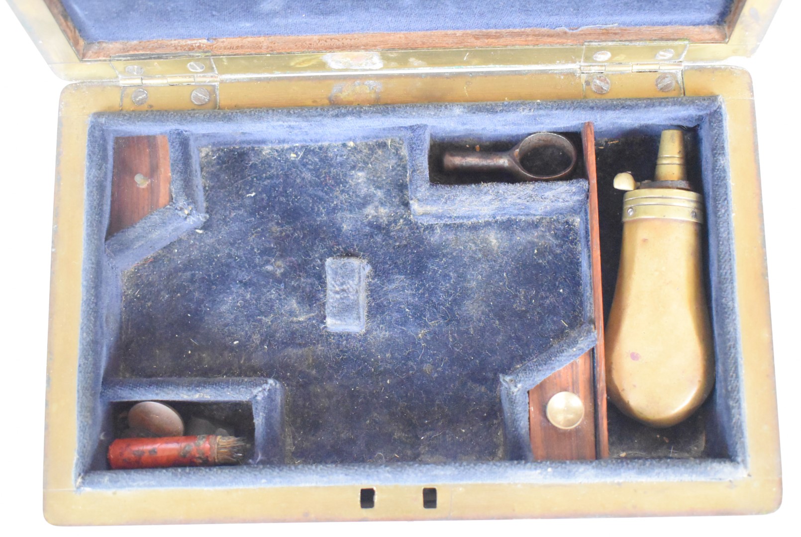 Burr walnut brass bound gun case to suit a pair of pocket pistols, with fitted interior, powder - Image 2 of 4