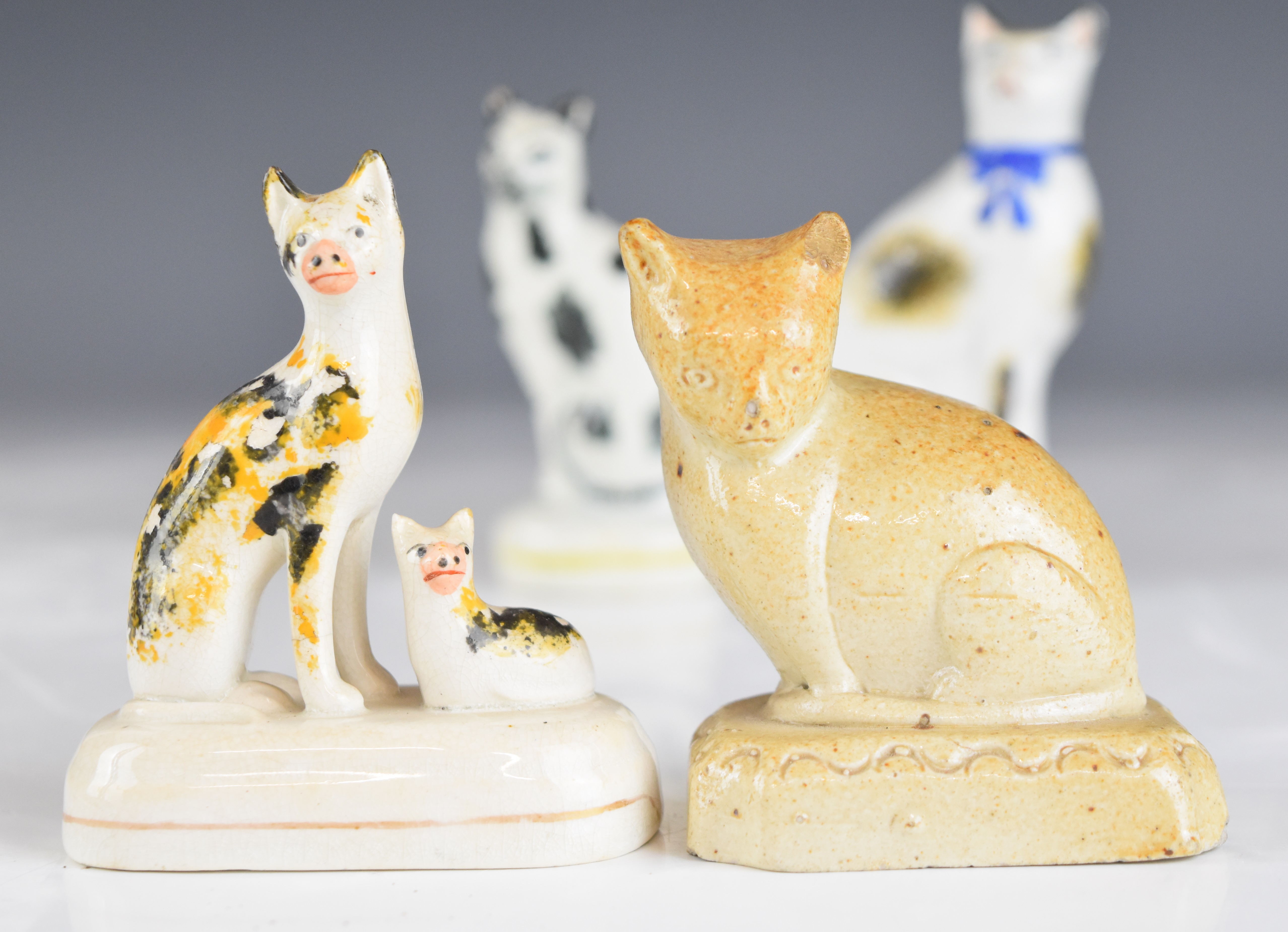 19thC miniature Staffordshire and salt glazed stoneware cat and dog figures including a cat with - Image 7 of 8