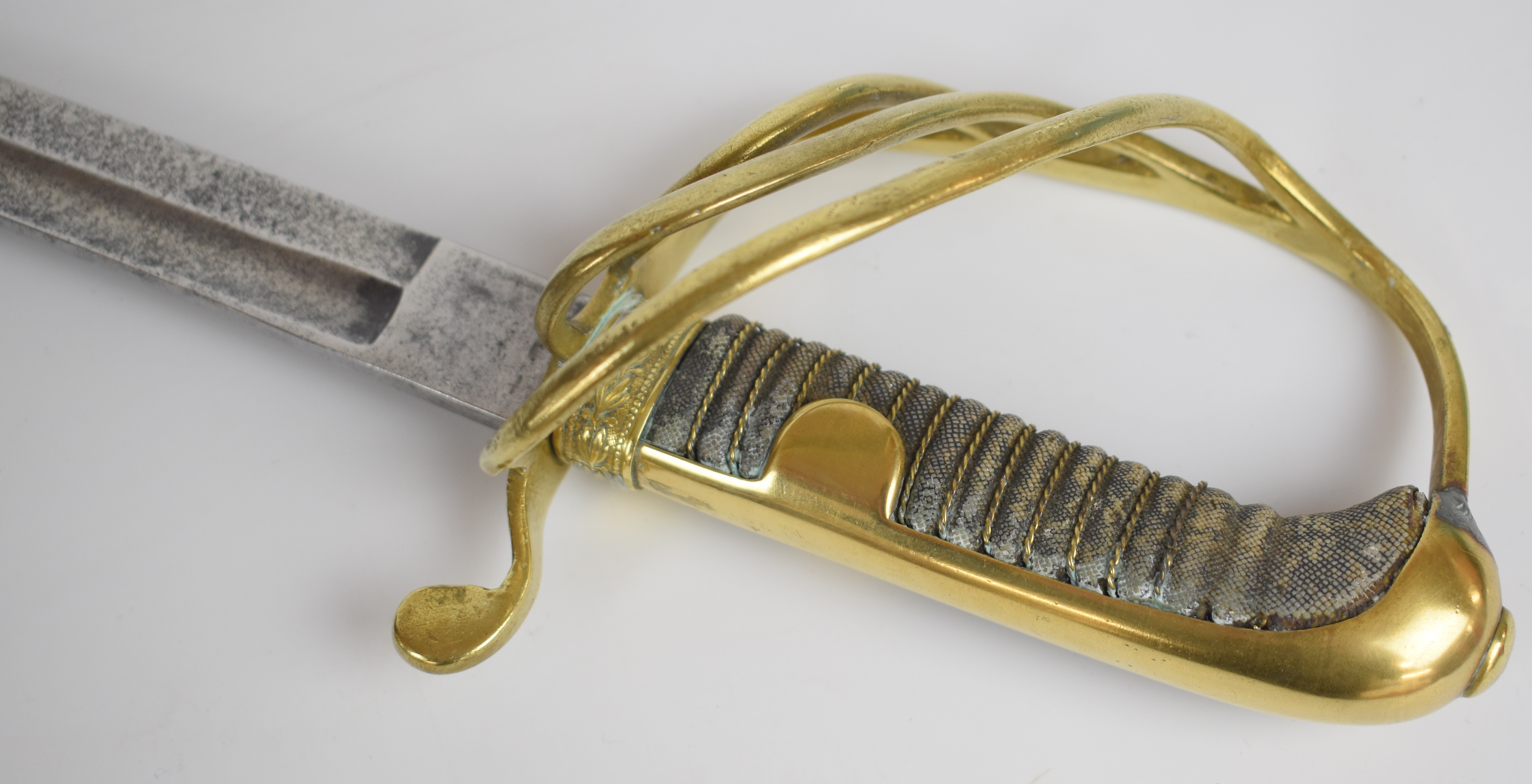 Continental sword with four bar brass hilt, shagreen and wire grip and 70cm curved blade. PLEASE - Image 3 of 6