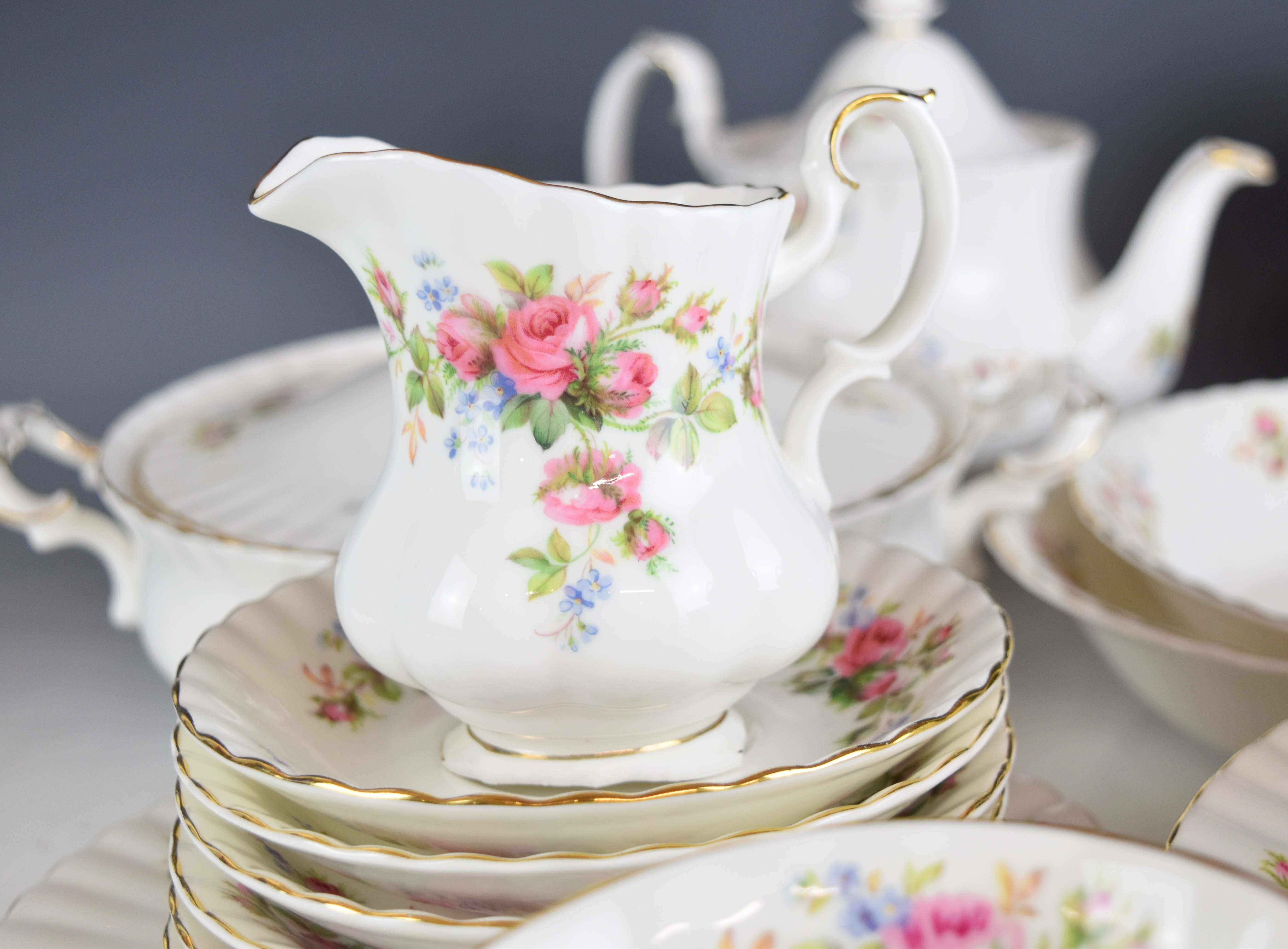 Royal Albert dinner and tea ware decorated in the Moss Rose pattern, approximately fifty three - Image 3 of 8