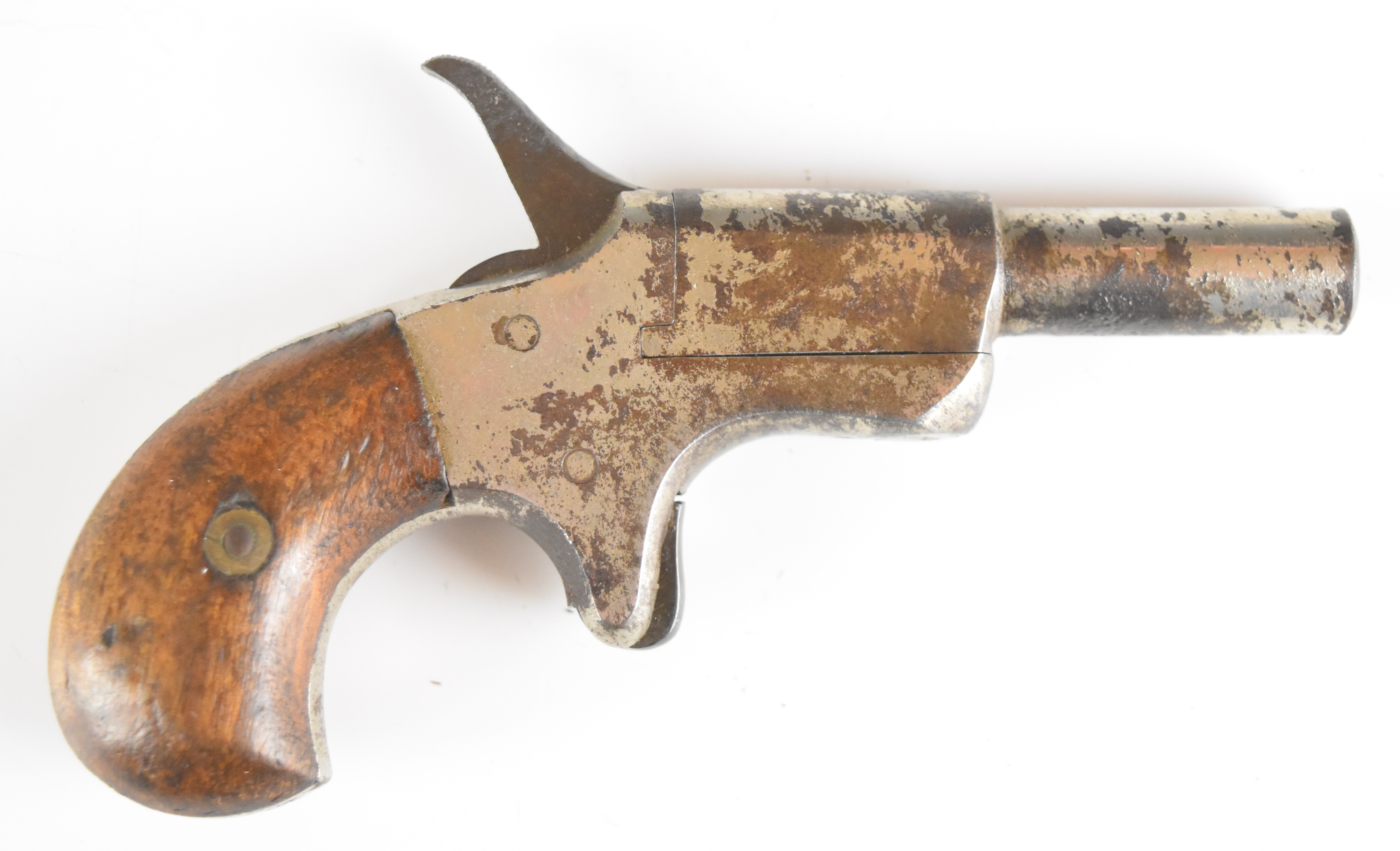 Derringer .30 rimfire pocket pistol with sheath trigger, wooden grips and 2.5 inch hand rotating