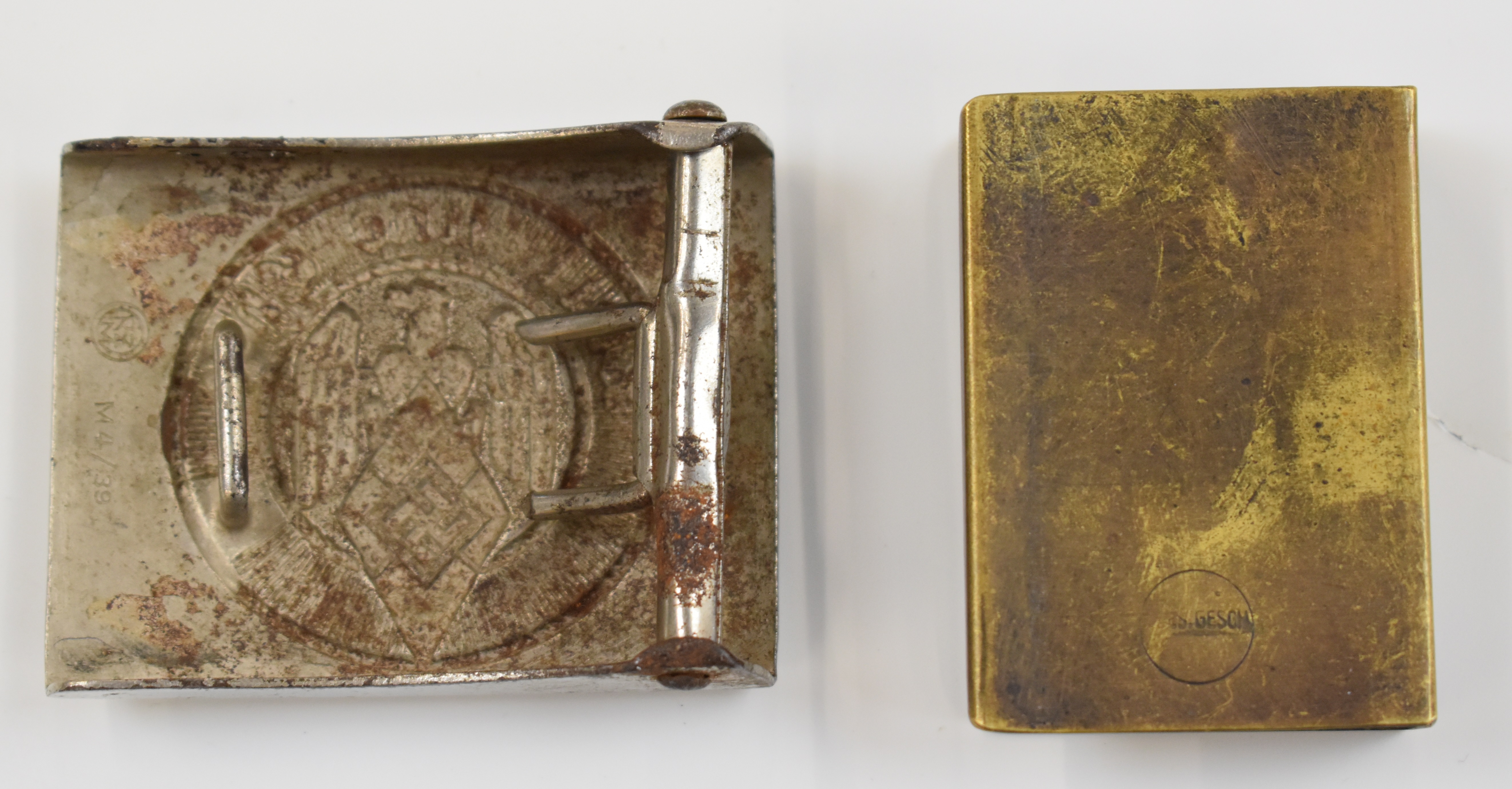 German Third Reich Nazi Hitler Youth belt buckle stamped RZM and M4/39 to reverse, together with - Image 2 of 2