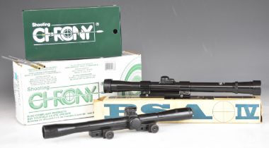 Shooting Chrony gun chronograph in original box together with two air rifle scopes including one BSA