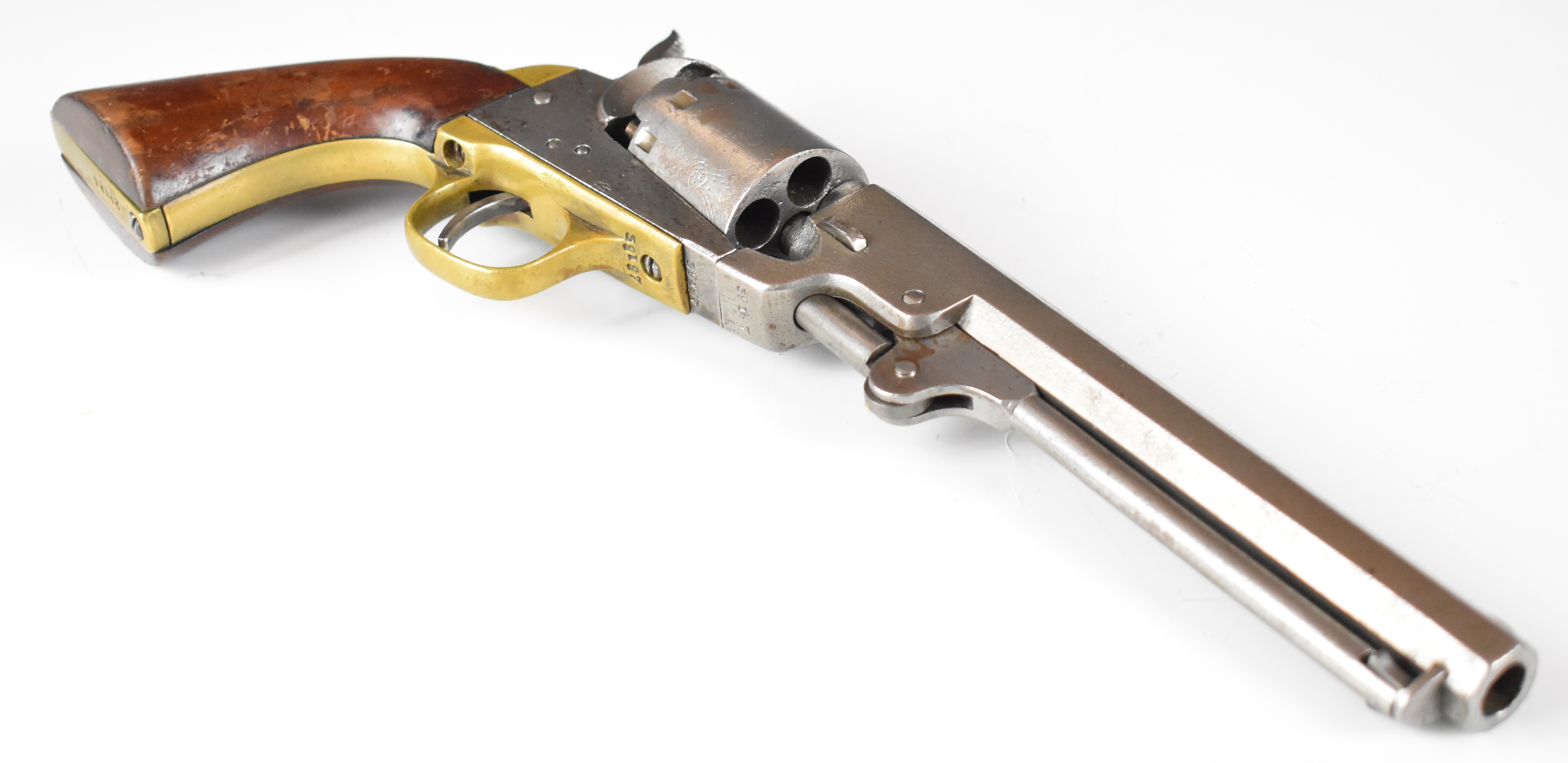 Manhattan Navy .36 five-shot single-action revolver with brass trigger guard and grip strap, - Bild 7 aus 20