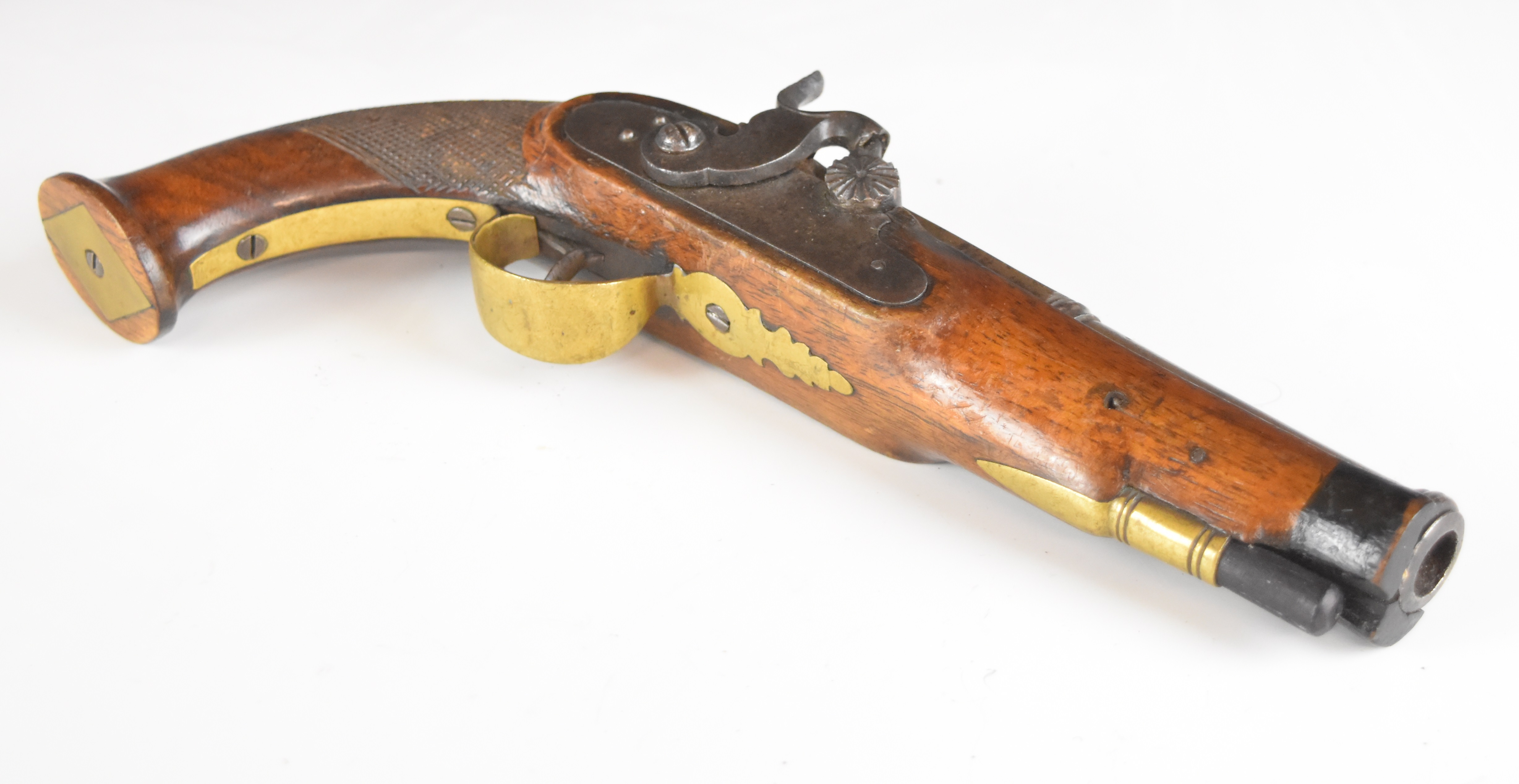 Unnamed percussion converted from flintlock hammer action coat pistol with shaped hammer, brass - Image 4 of 12