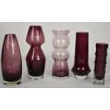 Five Tamara Aladin for Riihimaen Lasi Riihimaki or similar glass vases in aubergine, largest 24.
