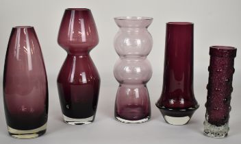 Five Tamara Aladin for Riihimaen Lasi Riihimaki or similar glass vases in aubergine, largest 24.