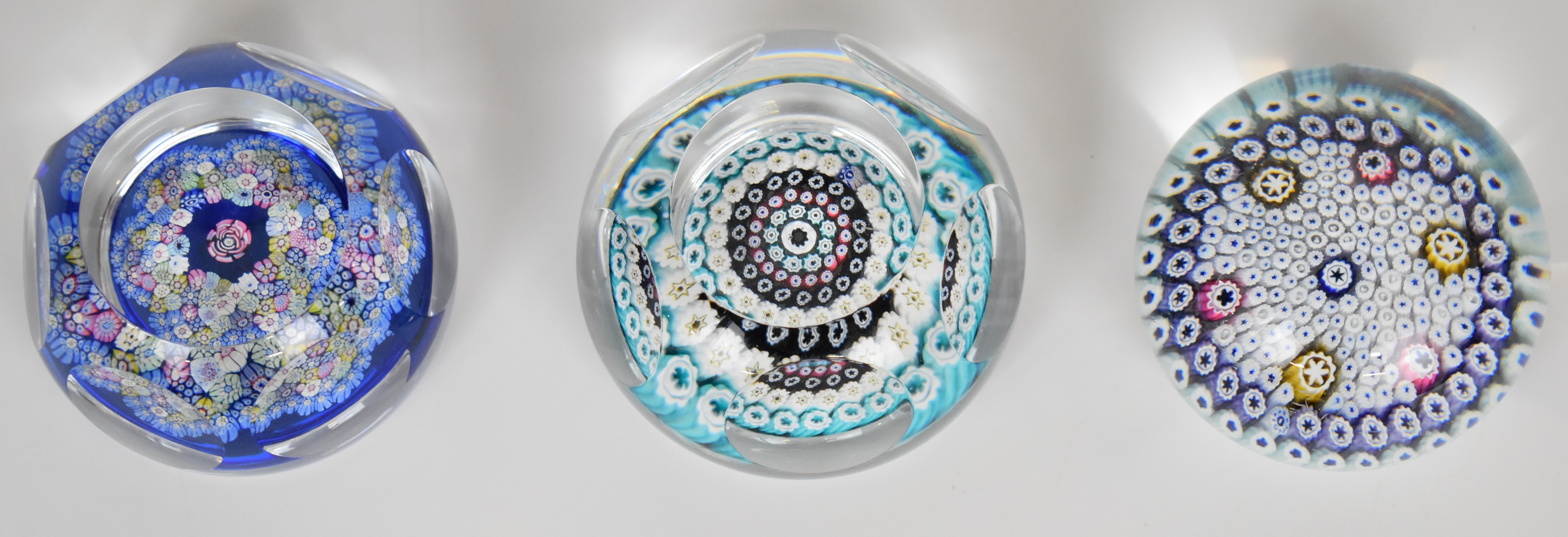 Three Whitefriars or similar millefiori glass paperweights, two with faceted decoration, largest - Image 2 of 6