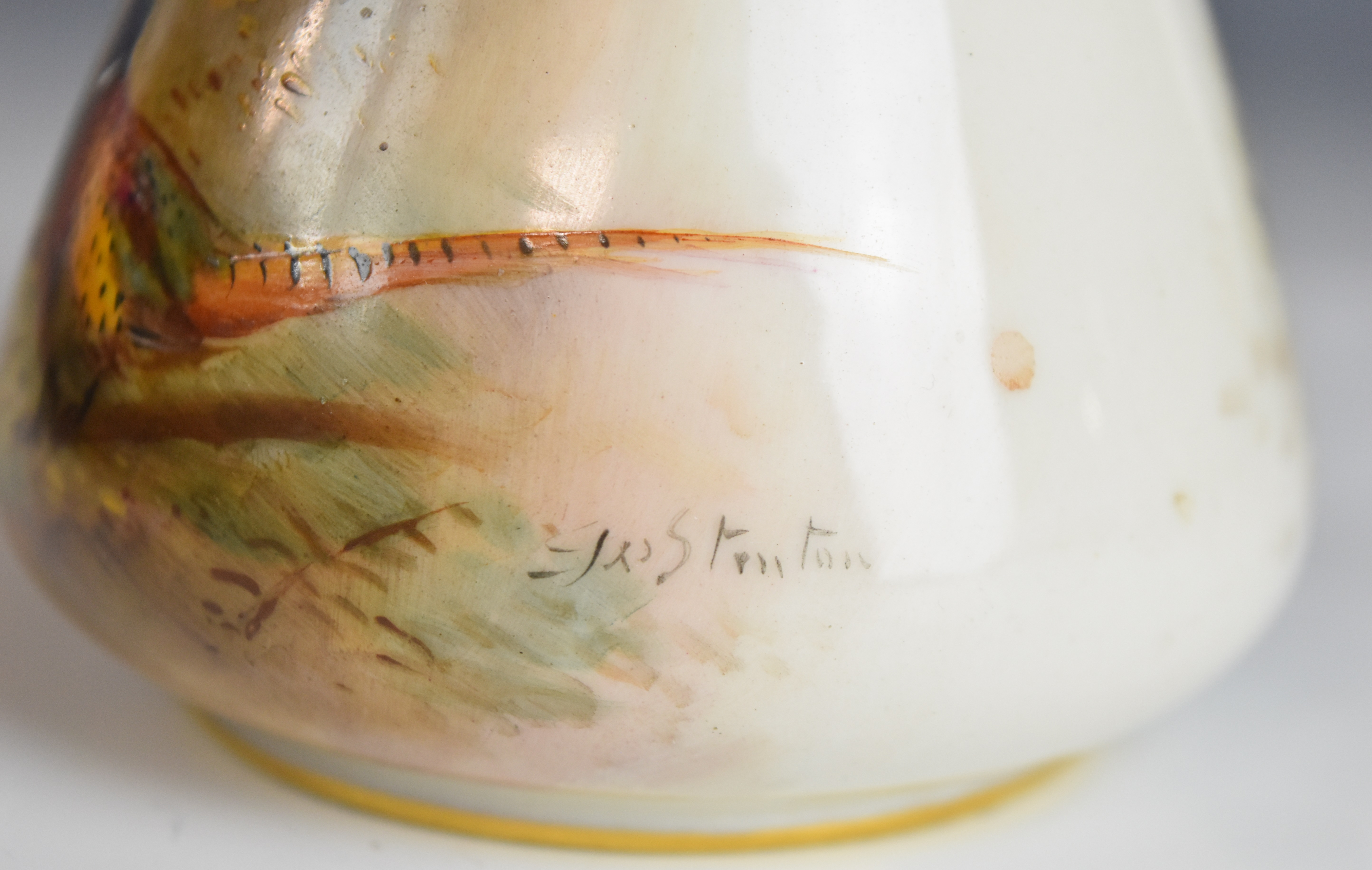 Royal Worcester signed James Stinton pedestal vase with frilled rim, decorated with pheasants, - Image 7 of 8