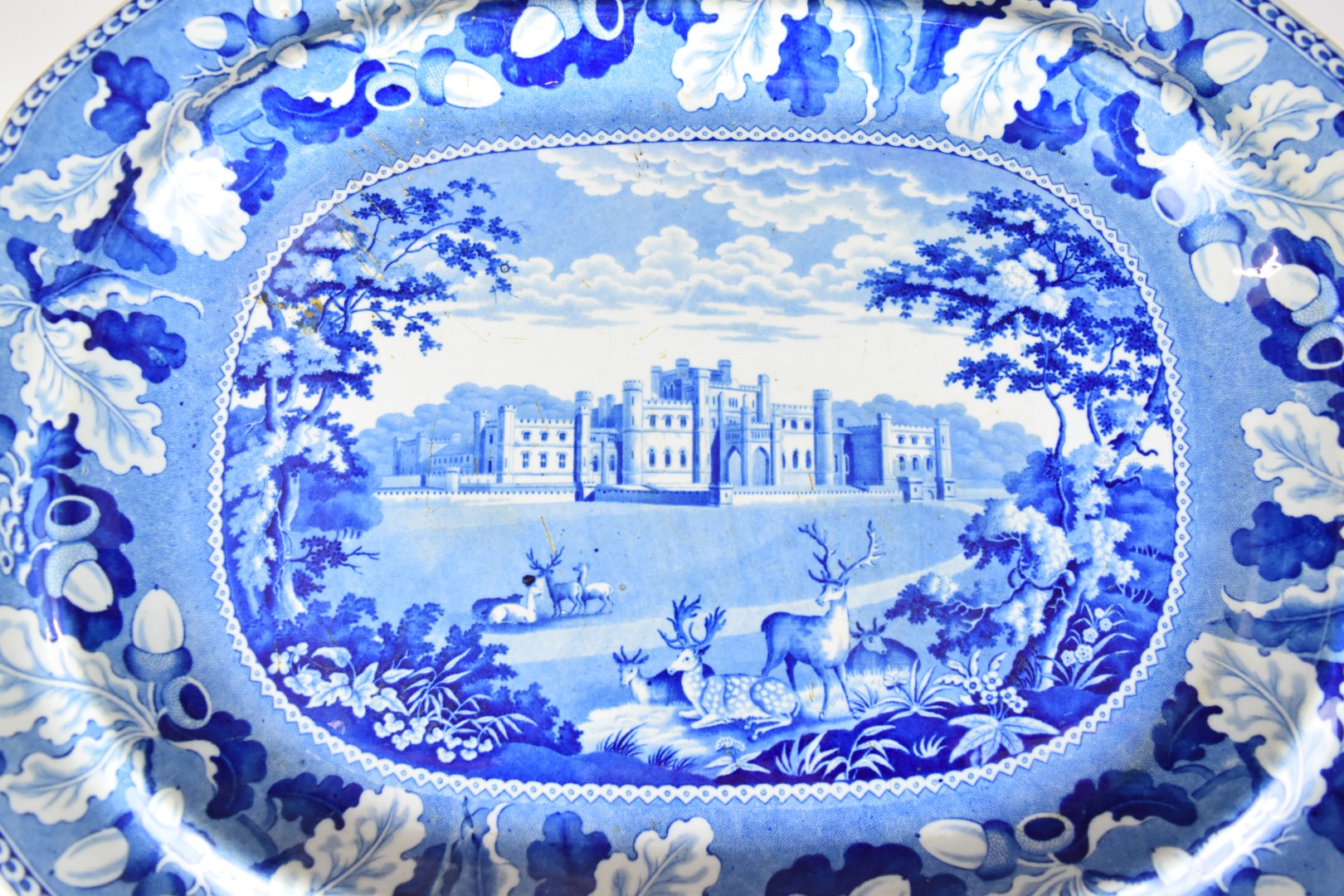 Two large 19thC blue and white transfer printed meat platters comprising Lowther Castle - Image 10 of 14