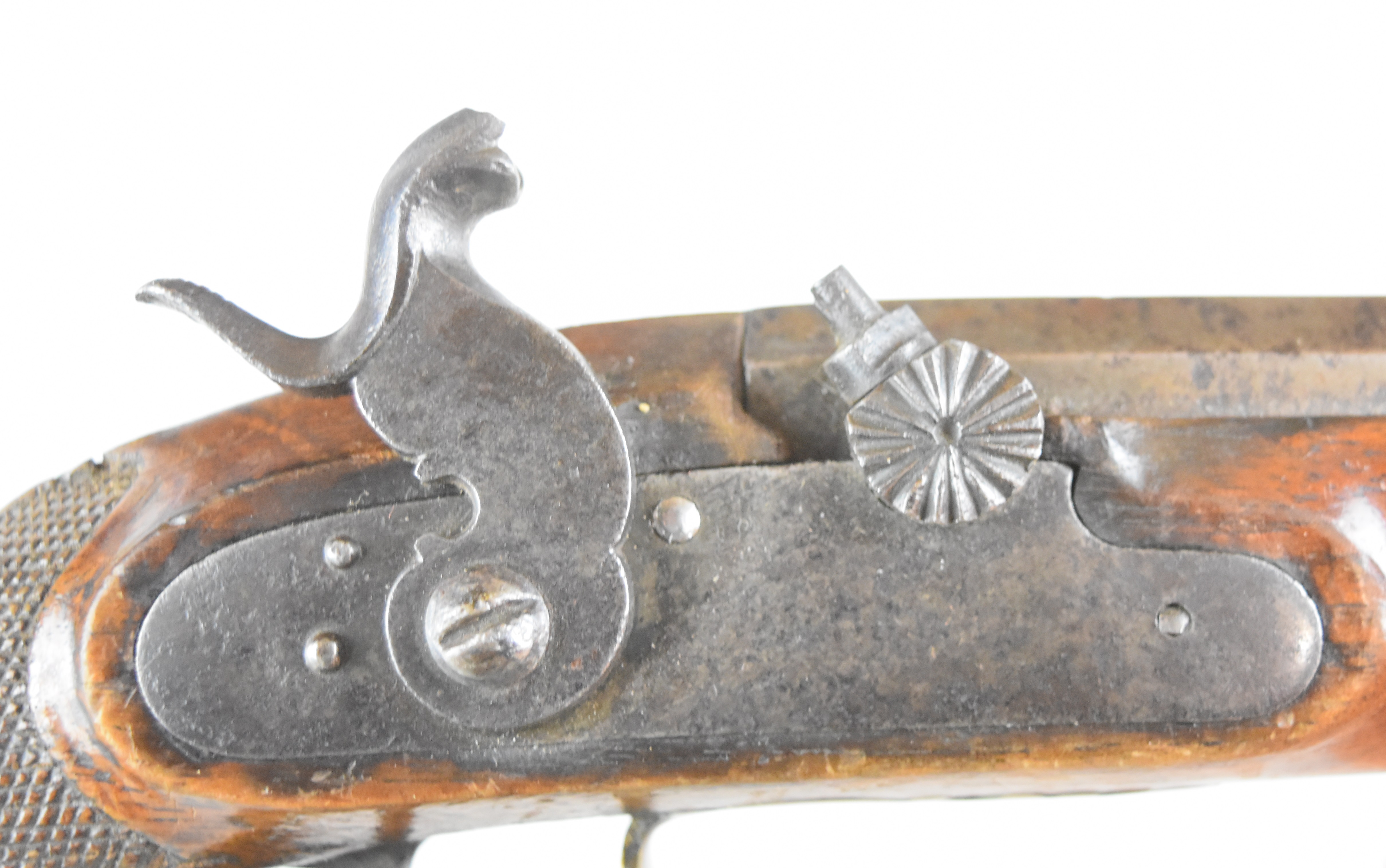 Unnamed percussion converted from flintlock hammer action coat pistol with shaped hammer, brass - Image 11 of 12