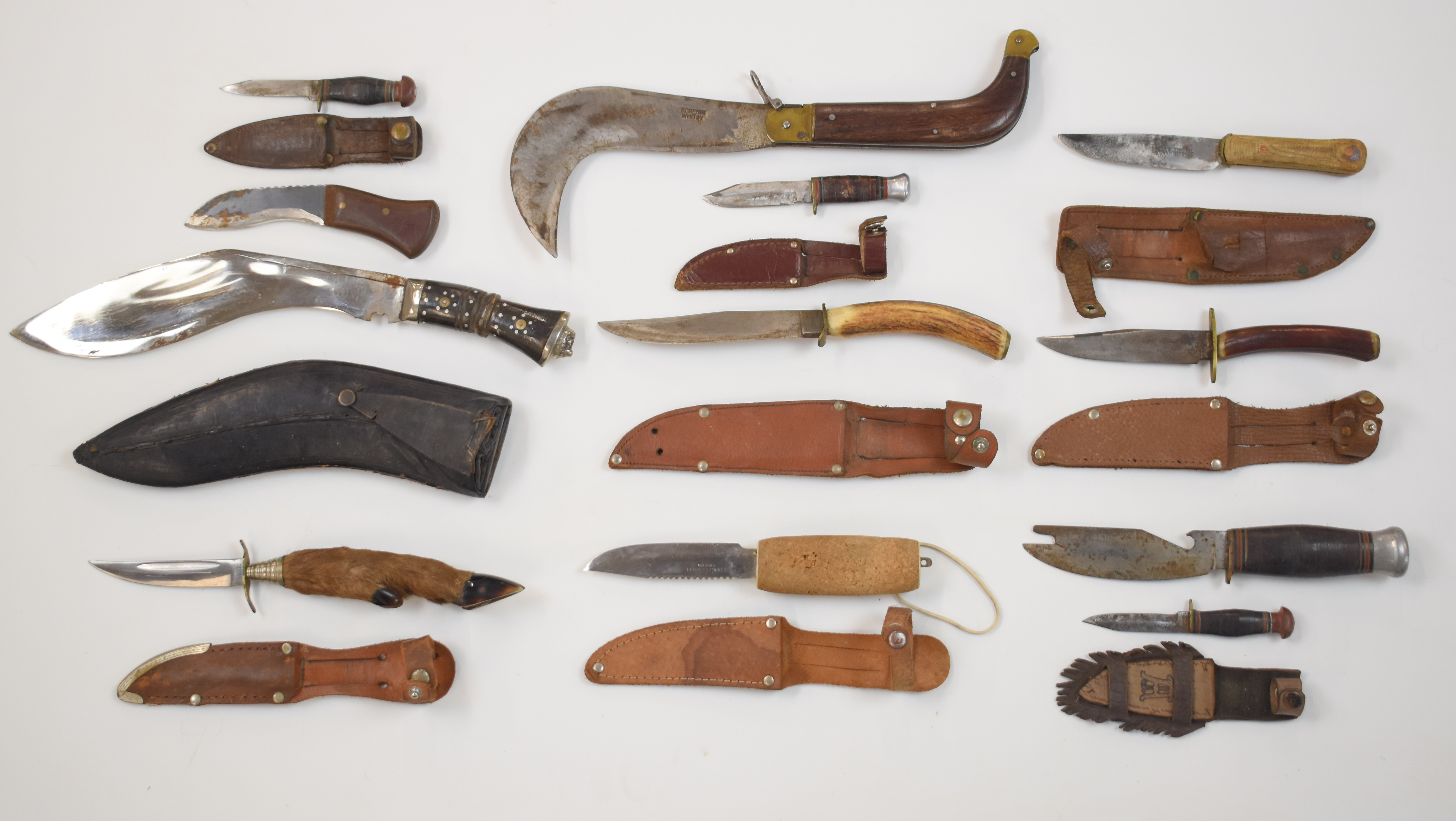 Ten hunting knives including W Rowbotham with horn handle, Schneidteufel Solingen, hoof handle