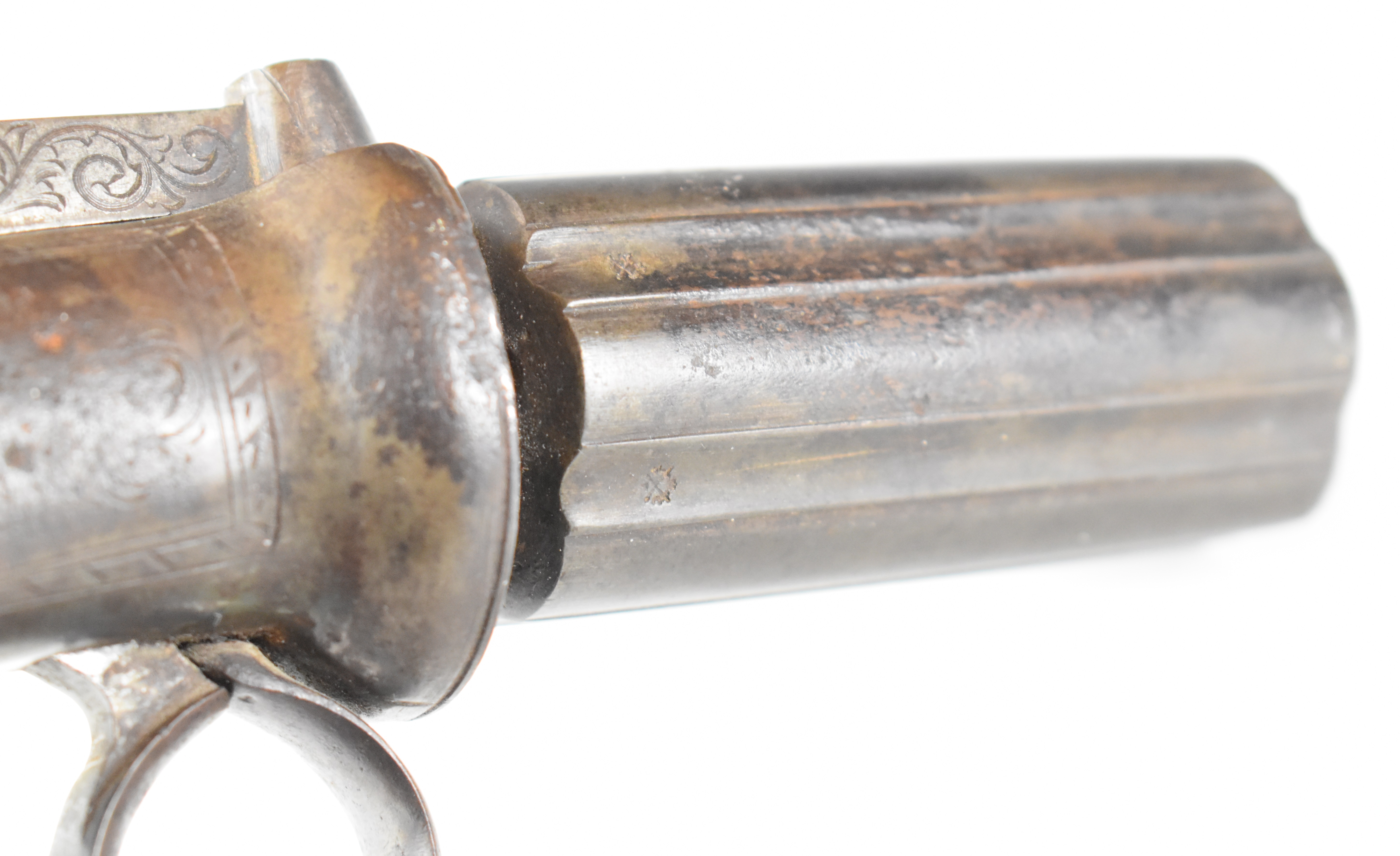 Unnamed six-shot bar hammer action percussion pepperbox revolver or pistol with engraved lock, top - Image 13 of 15