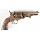 Manhattan .36 six-shot single-action revolver with all over engraved decoration, carved wooden grips