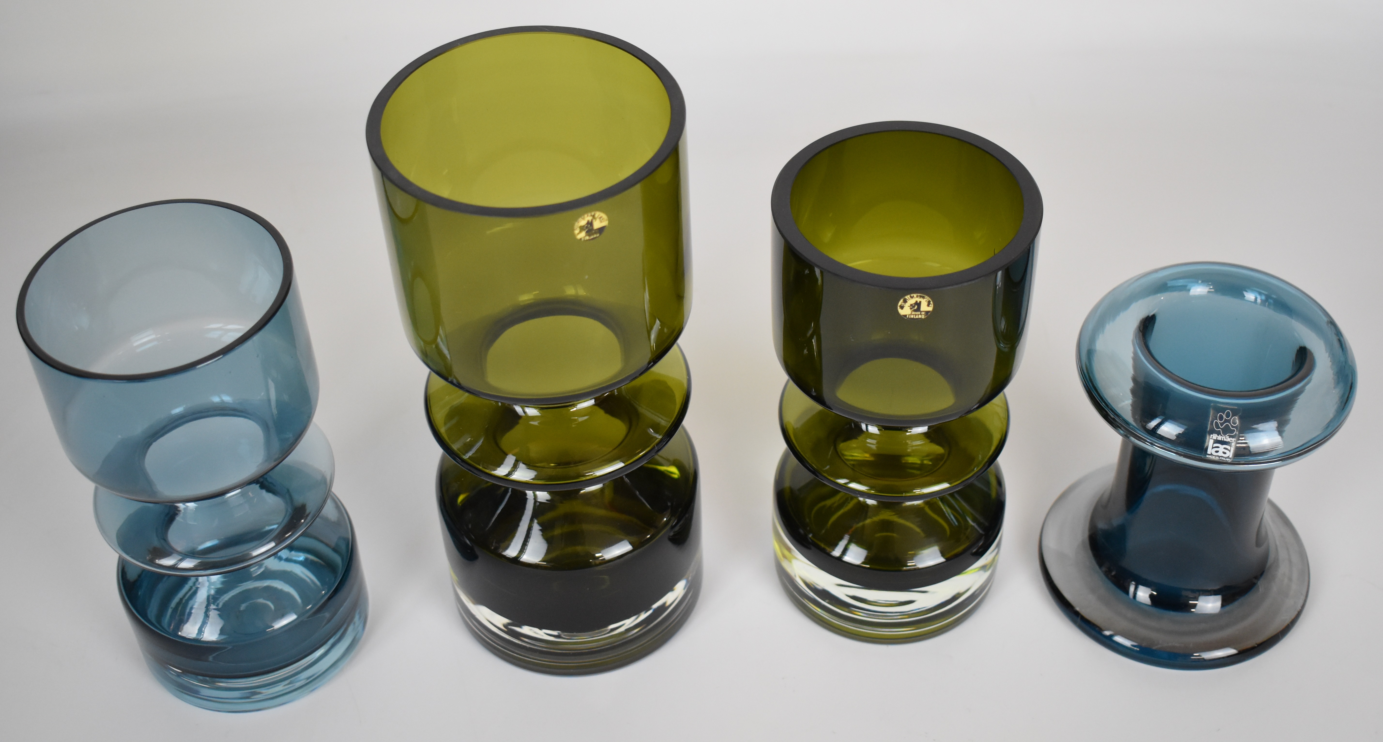 Four Tamara Aladin for Riihimaen Lasi Riihimaki glass vases in sage green and indigo blue, two - Image 5 of 6