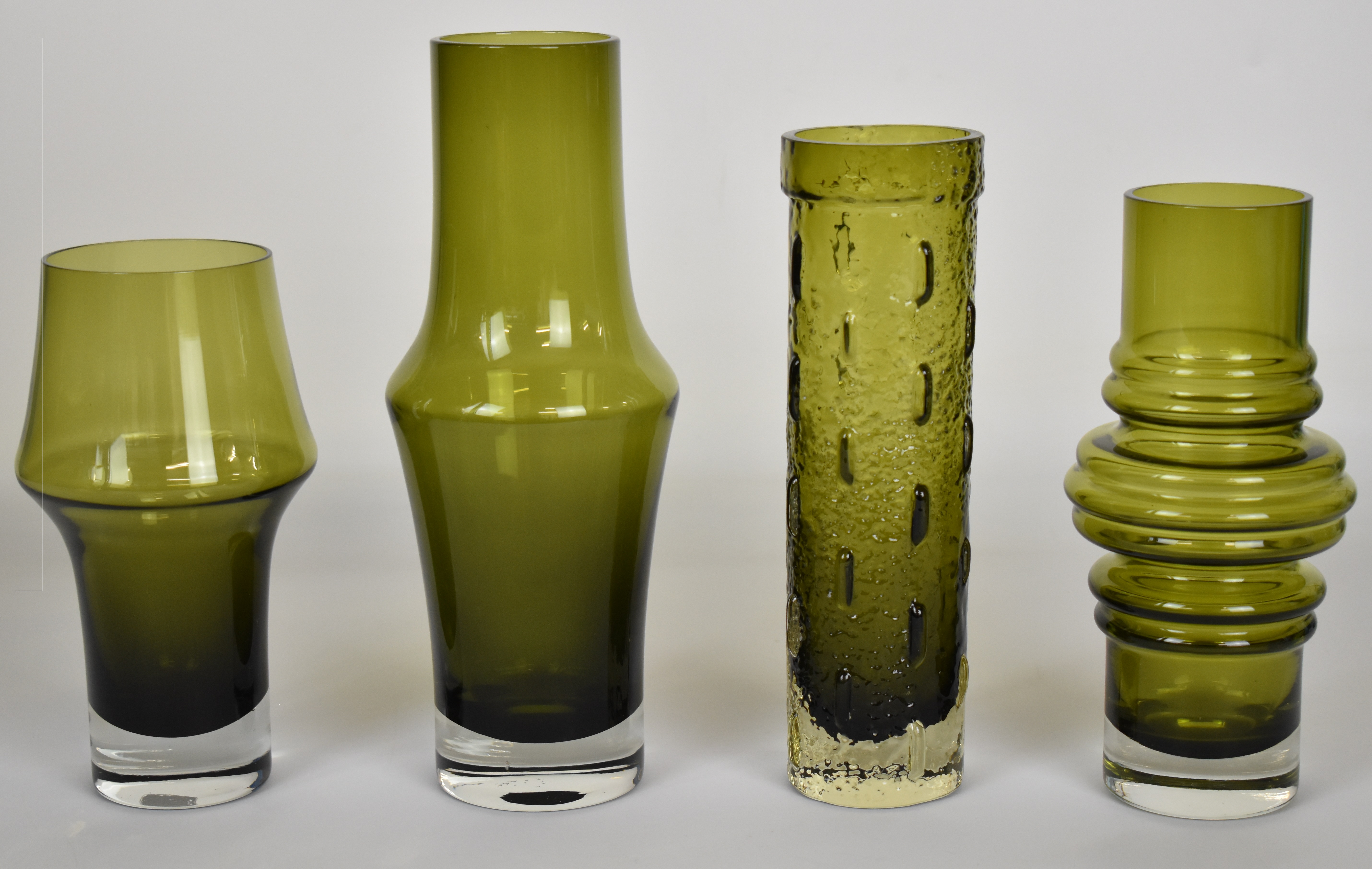 Four Tamara Aladin for Riihimaen Lasi Riihimaki glass vases in sage green, largest 25cm tall. - Image 3 of 4