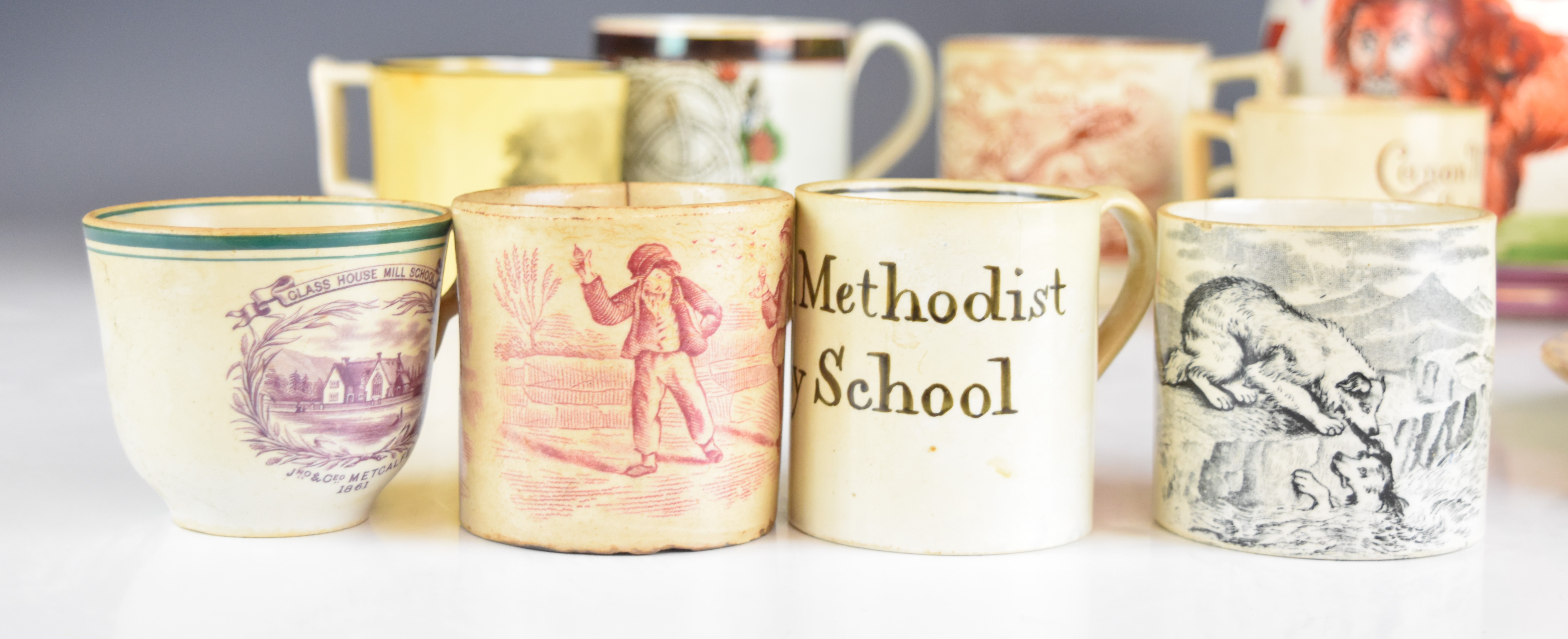 Collection of 19thC transfer printed cups, mugs and tankards, many featuring dogs, nursery ware, - Image 11 of 14